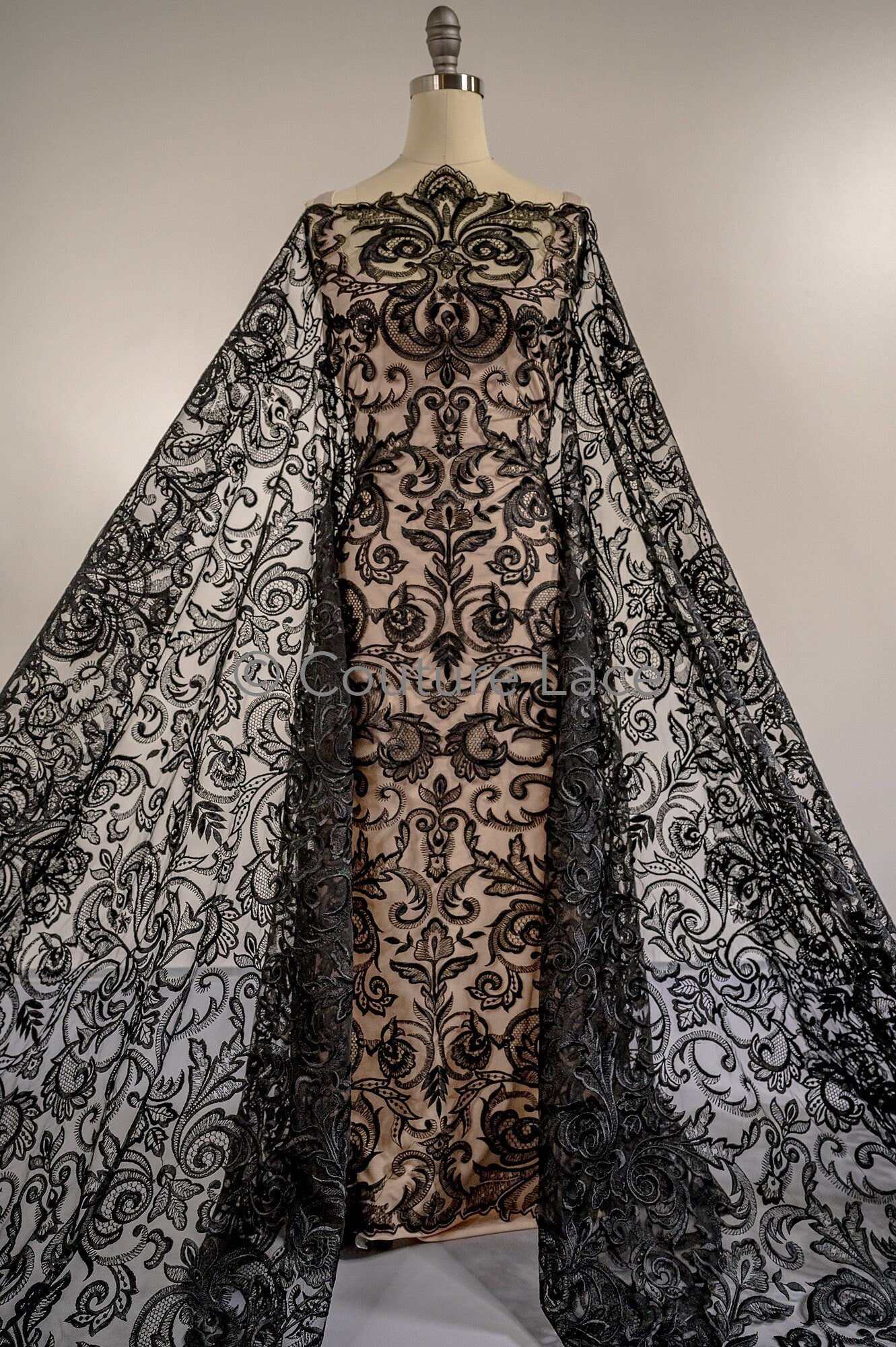 Floral black bridal lace/ black evening lace/ black lace fabric/ floral wedding lace/ black couture lace // L18-194