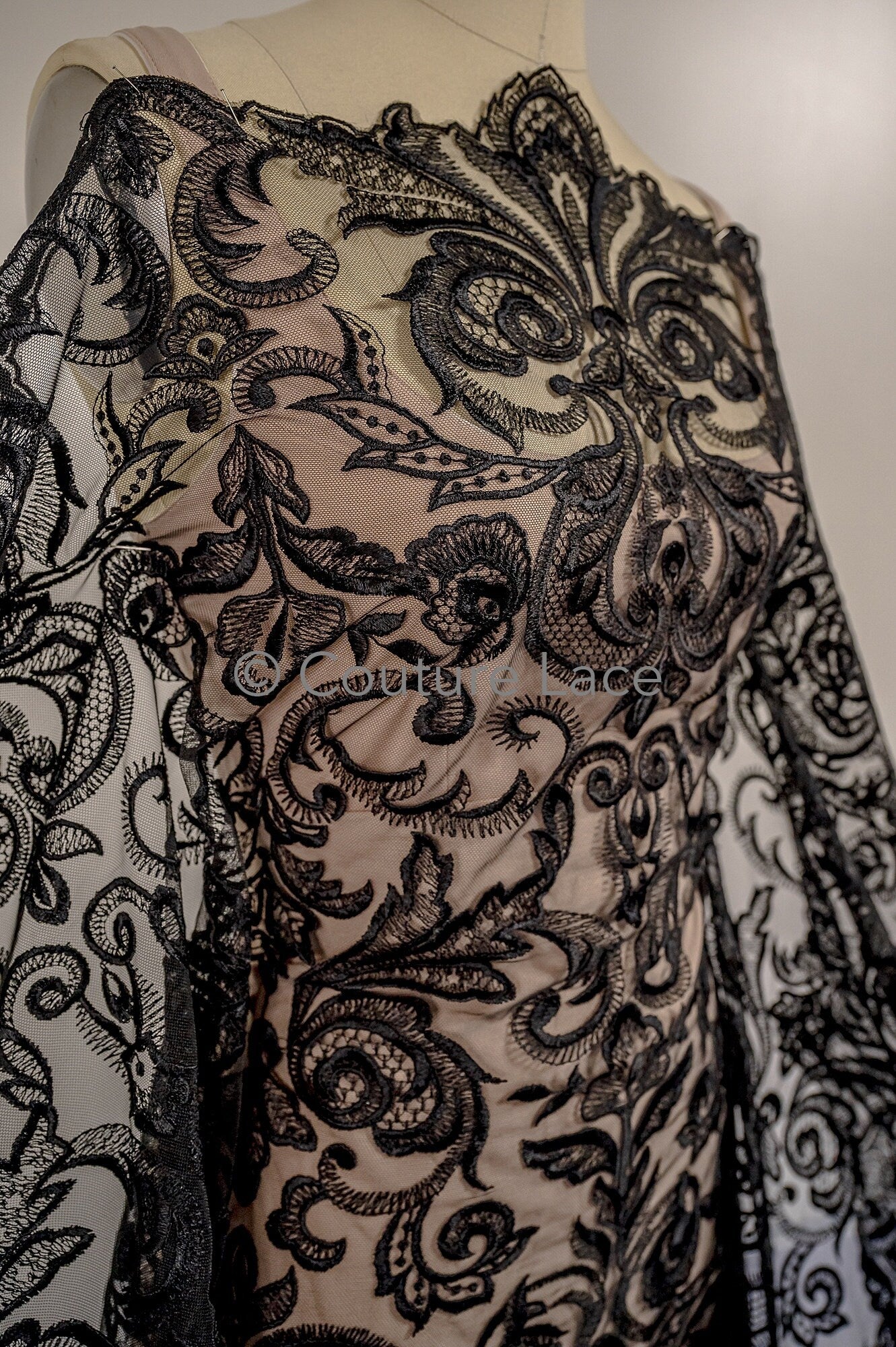 Floral black bridal lace/ black evening lace/ black lace fabric/ floral wedding lace/ black couture lace // L18-194