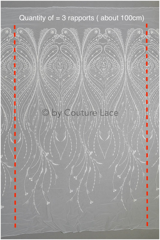 Beautiful beaded lace fabric with small leaves/ Couture lace fabric with beads & sequins/ Bridal lace with branches & leaves// L23-515