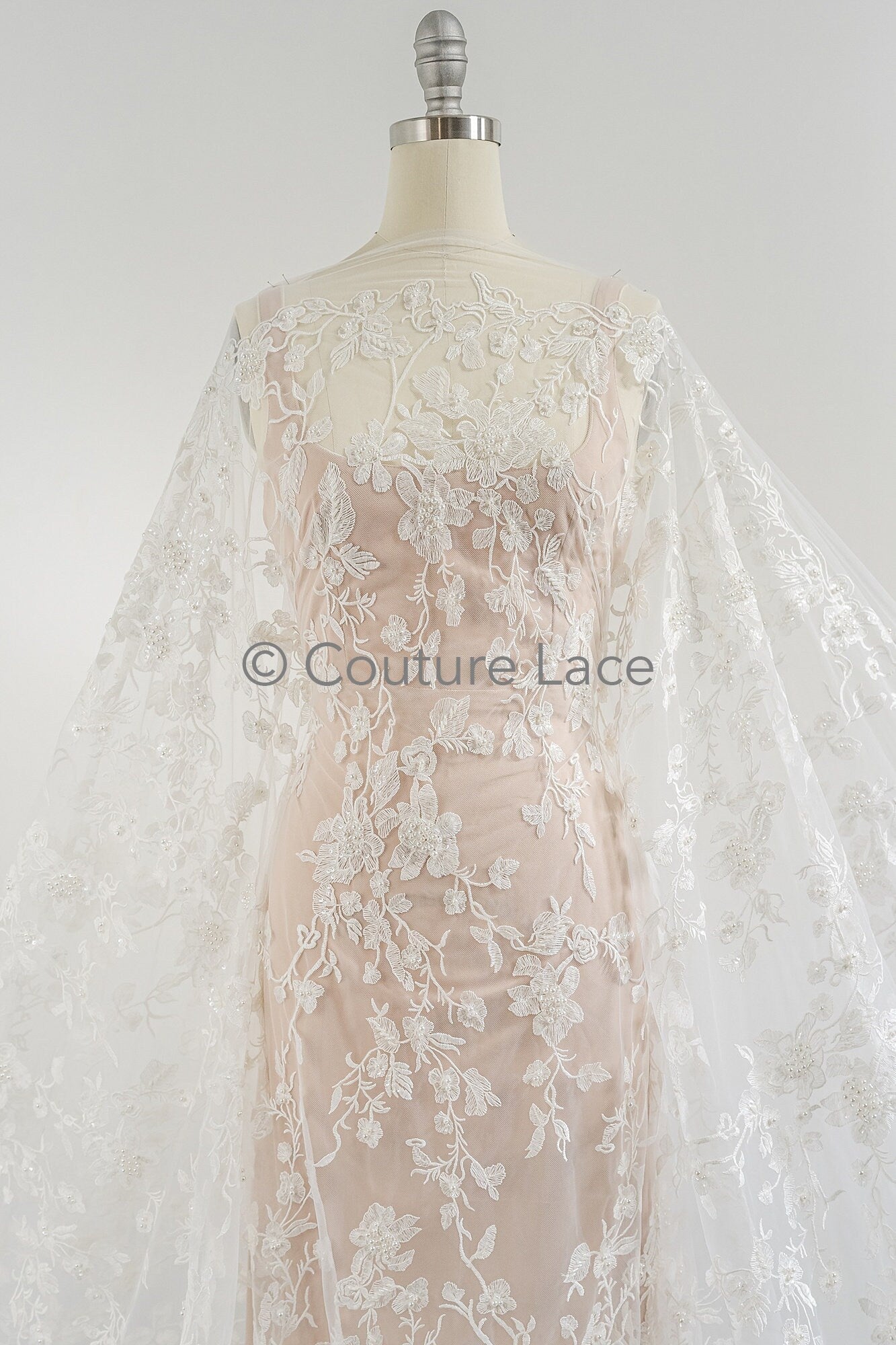 Beaded lace fabric/ Couture lace fabric with pearls, beads and pearl rows/ Bridal lace/ Beaded lace fabric// L23-637