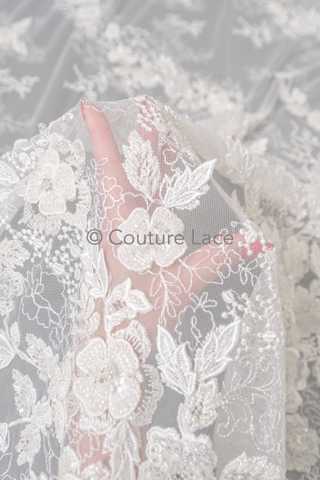 3D Blumen Perlen Spitzen Stoff/ Couture Spitzenstoff mit Perlen/ Braut Spitzenstoff/ Brautspitze// L23-638