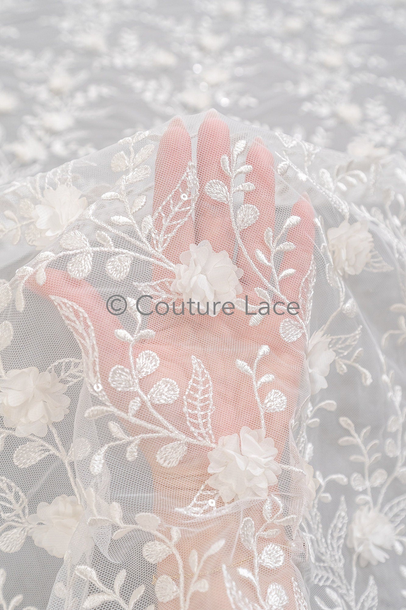 3D Blumen Perlen Spitze Stoff/ Couture Spitzen Stoff mit Folgen/ Braut Spitzen Stoff/ Hochzeit Spitze// L23-649