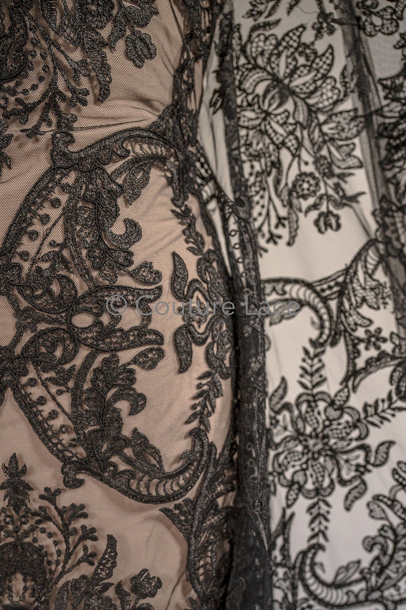 Floral black bridal lace / black bridal lace material / black evening lace / floral lace / black couture lace // L19-212