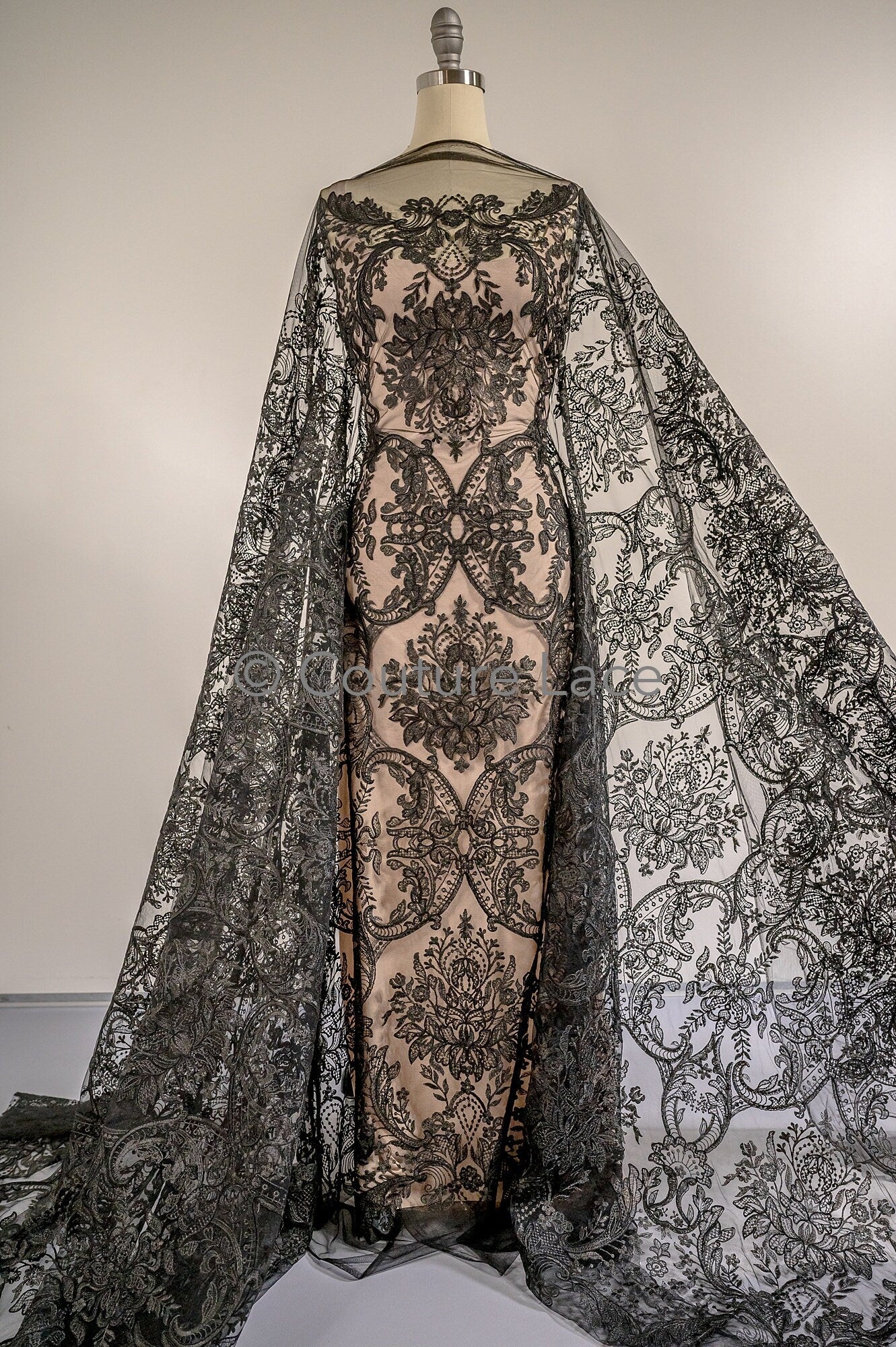 Floral black bridal lace / black bridal lace material / black evening lace / floral lace / black couture lace // L19-212
