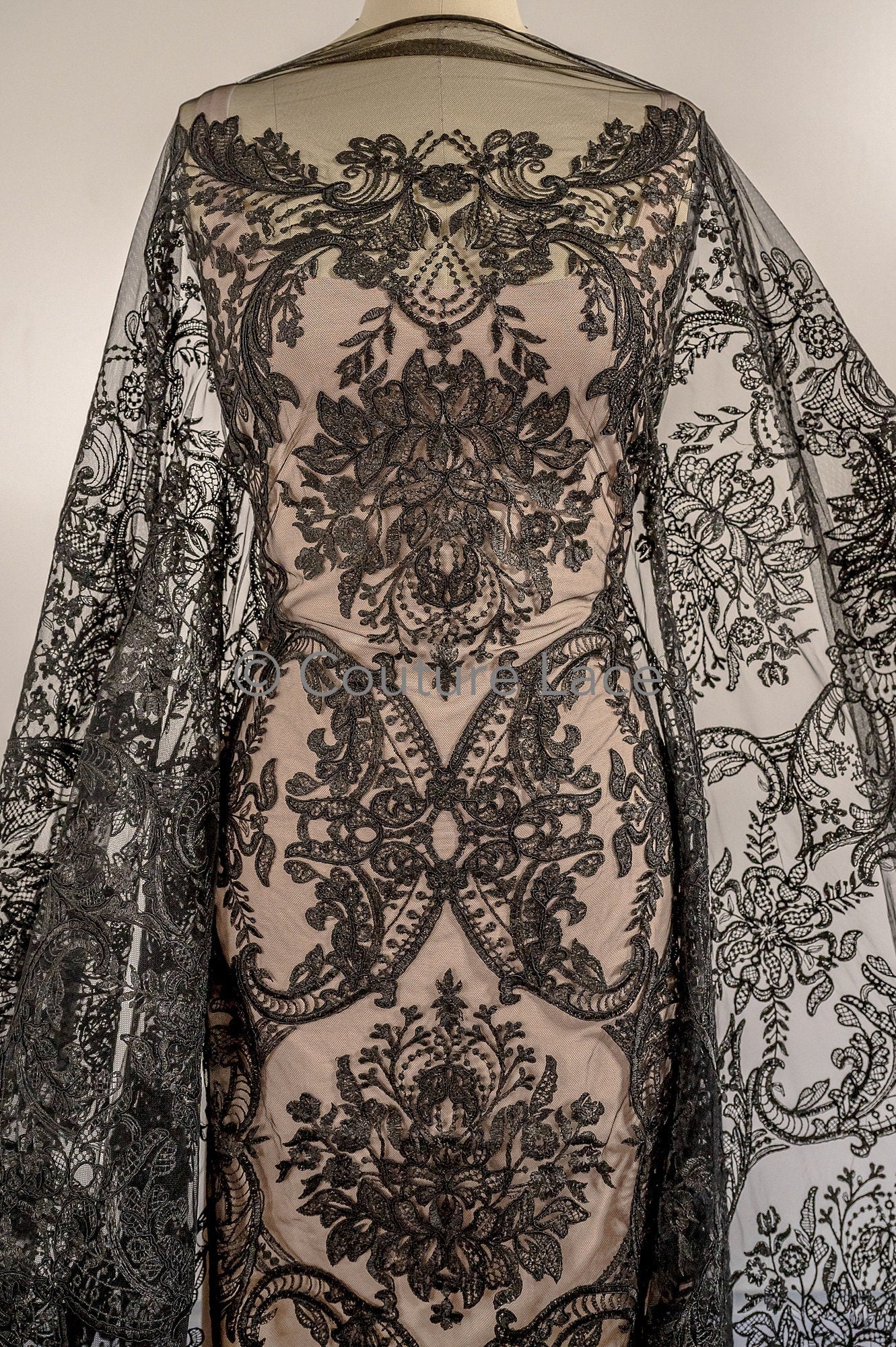 Floral black bridal lace / black bridal lace material / black evening lace / floral lace / black couture lace // L19-212