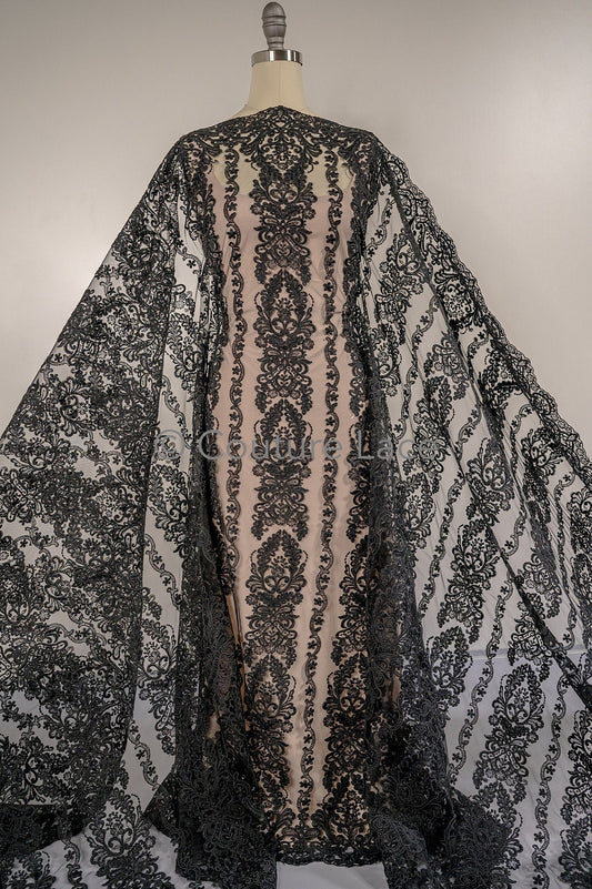 Schwarze Couture-Spitze / Couture-Abendkleid-Spitzenmaterial / schwarzes Abschlussball- oder Halloween-Kleid / schwarze Hochzeitsspitze // L18-193