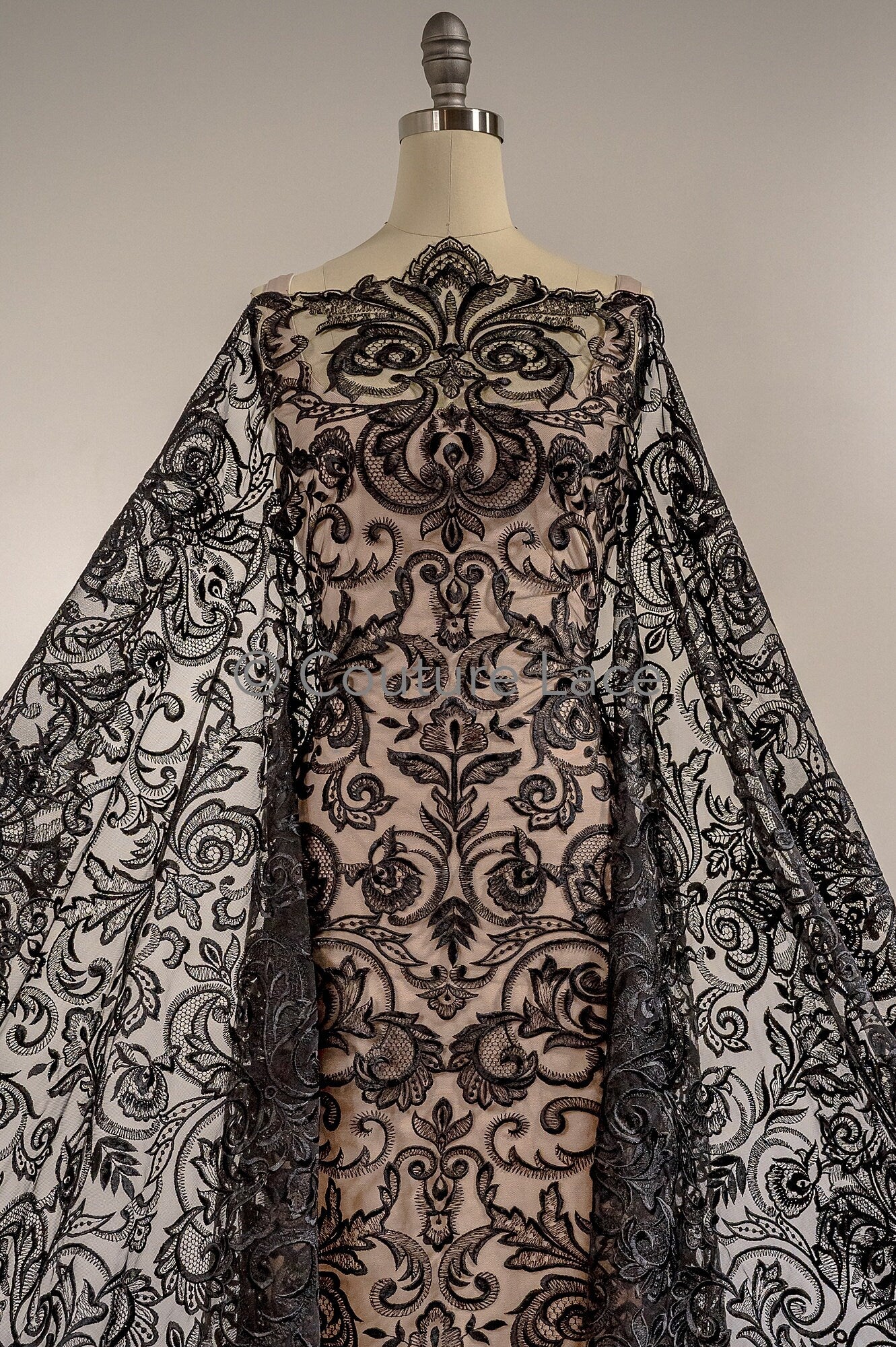 Floral black bridal lace/ black evening lace/ black lace fabric/ floral wedding lace/ black couture lace // L18-194