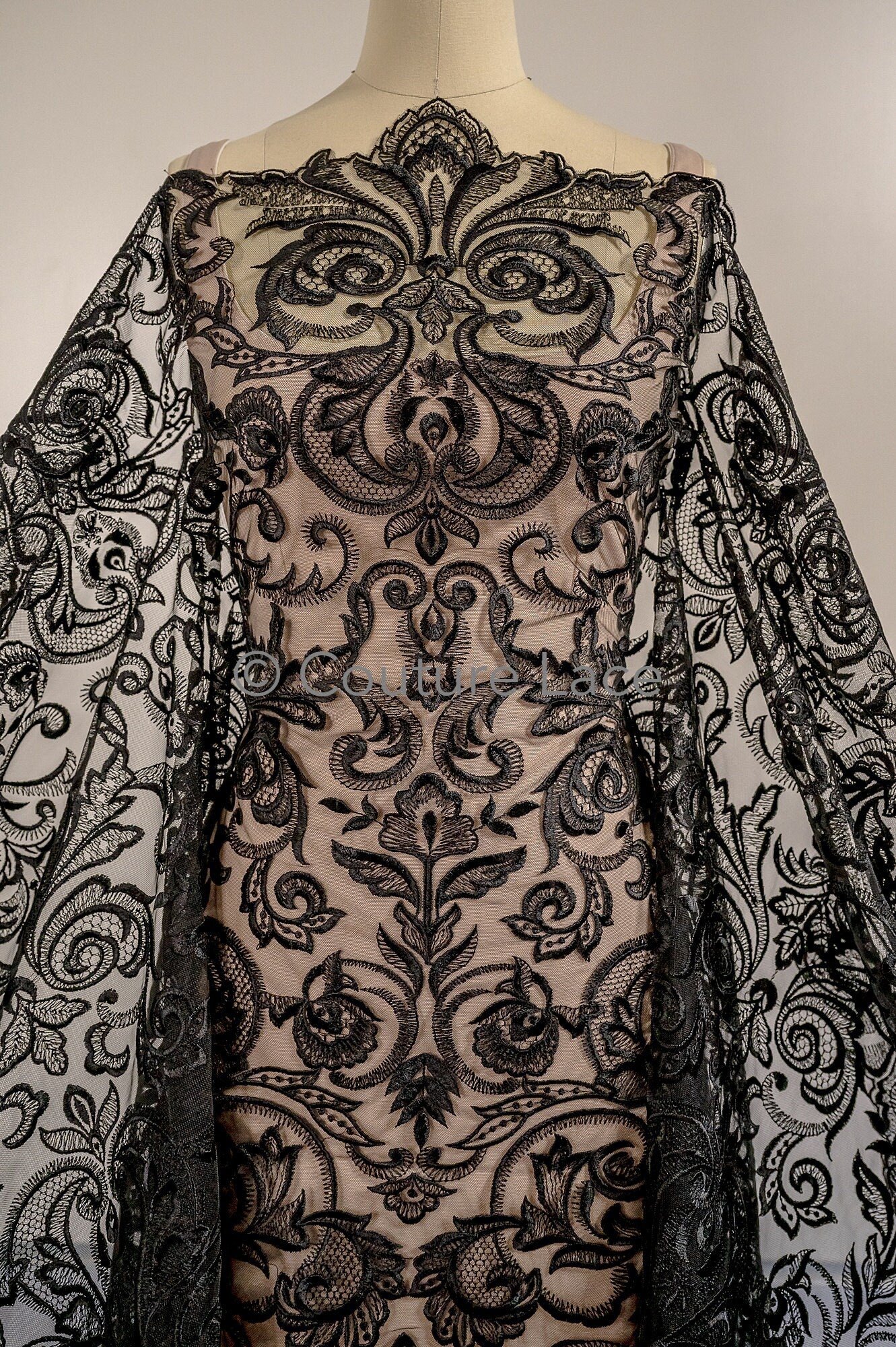Floral black bridal lace/ black evening lace/ black lace fabric/ floral wedding lace/ black couture lace // L18-194