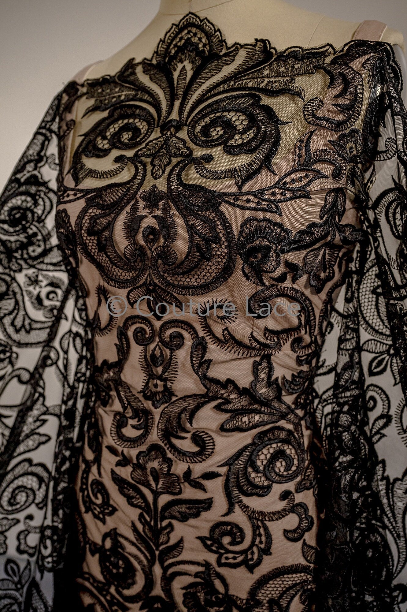 Floral black bridal lace/ black evening lace/ black lace fabric/ floral wedding lace/ black couture lace // L18-194