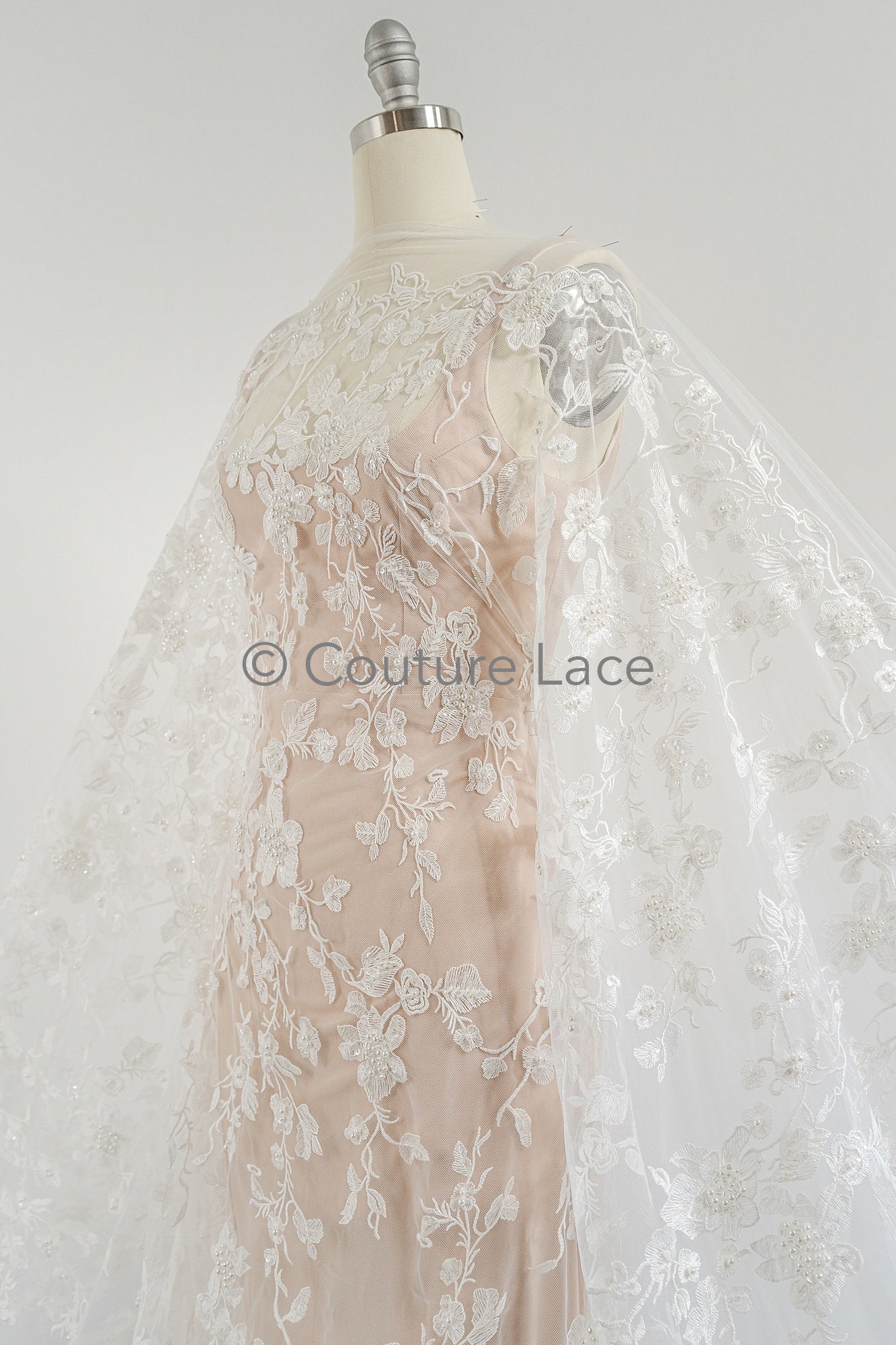 Beaded lace fabric/ Couture lace fabric with pearls, beads and pearl rows/ Bridal lace/ Beaded lace fabric// L23-637