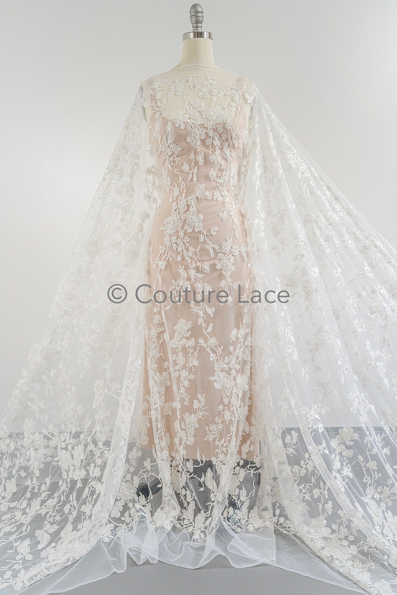 Beaded lace fabric/ Couture lace fabric with pearls, beads and pearl rows/ Bridal lace/ Beaded lace fabric// L23-637