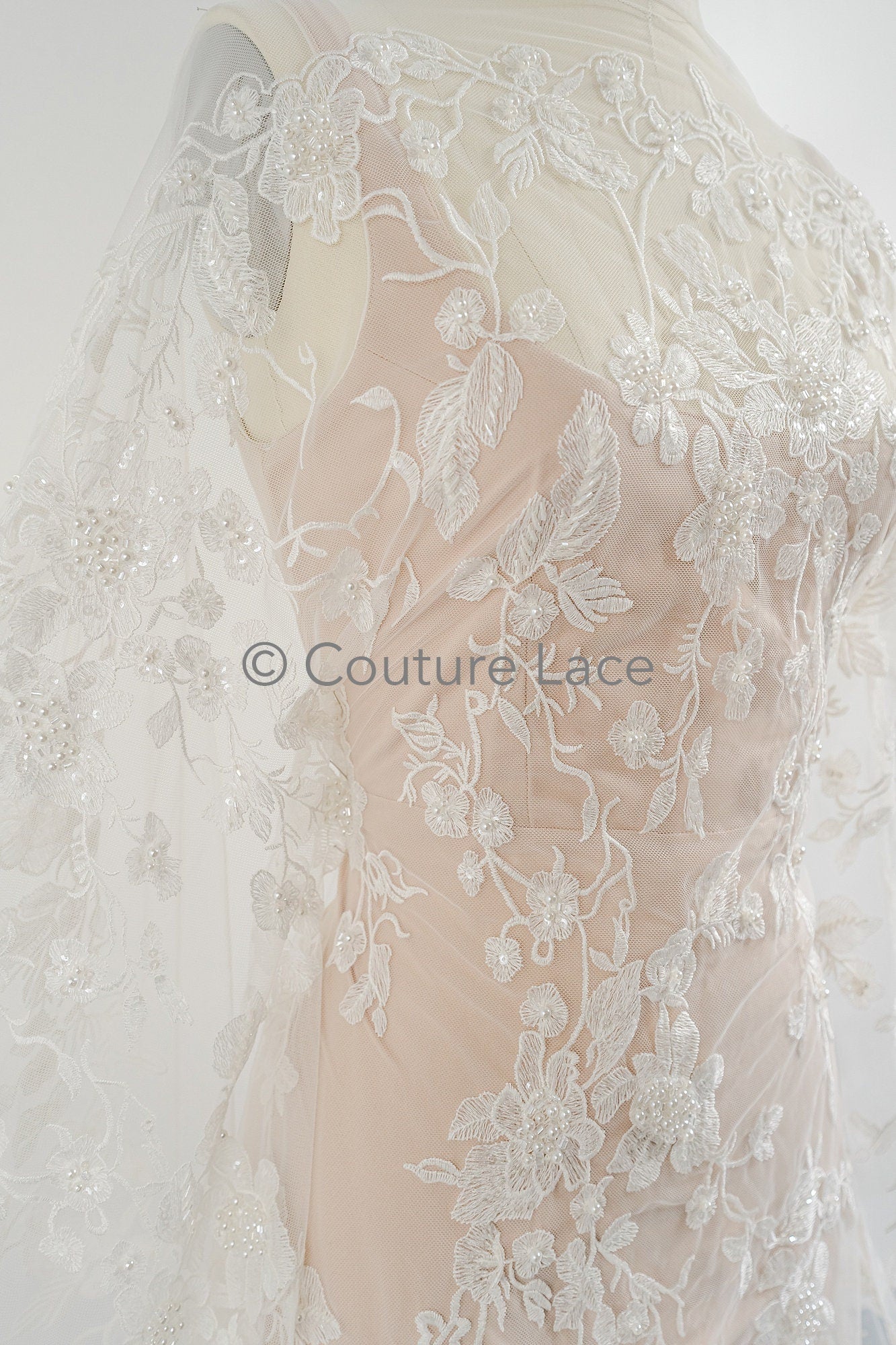 Beaded lace fabric/ Couture lace fabric with pearls, beads and pearl rows/ Bridal lace/ Beaded lace fabric// L23-637