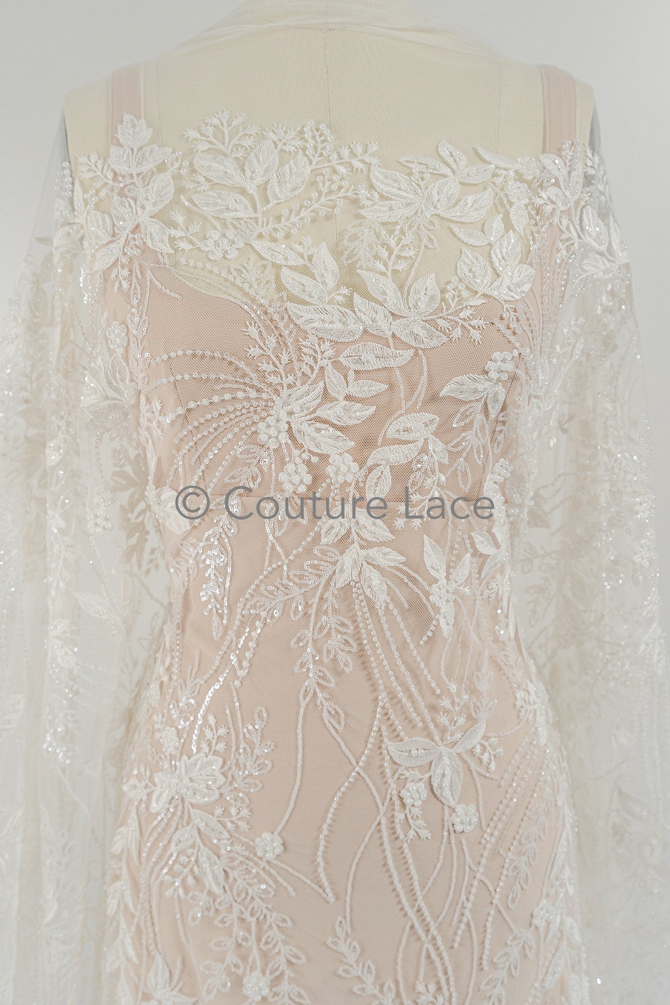 Perlen Spitzenstoff/ Couture Spitzenstoff mit Perlen/ Braut Spitzenstoff/ Perlen Spitze// L23-651