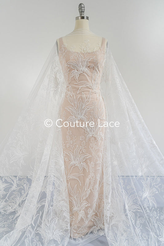 Encaje nupcial floral en blanco roto / tejido de encaje de novia con flores / encaje de boda floral / encaje de alta costura // L23-653