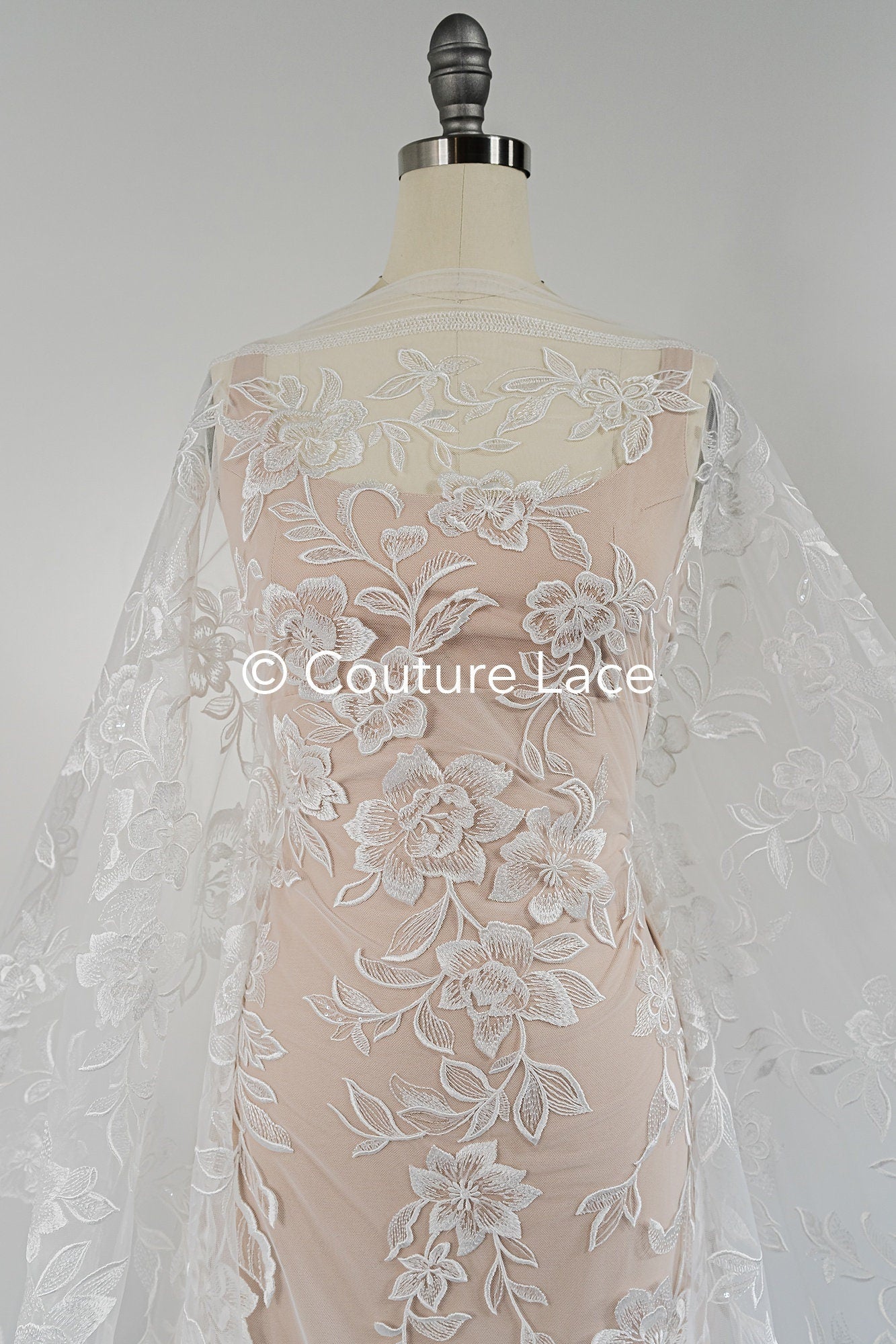 Floral bridal lace/ bridal lace fabric off-white/ bridal lace with sequins/ floral wedding lace/ couture lace// L23-661