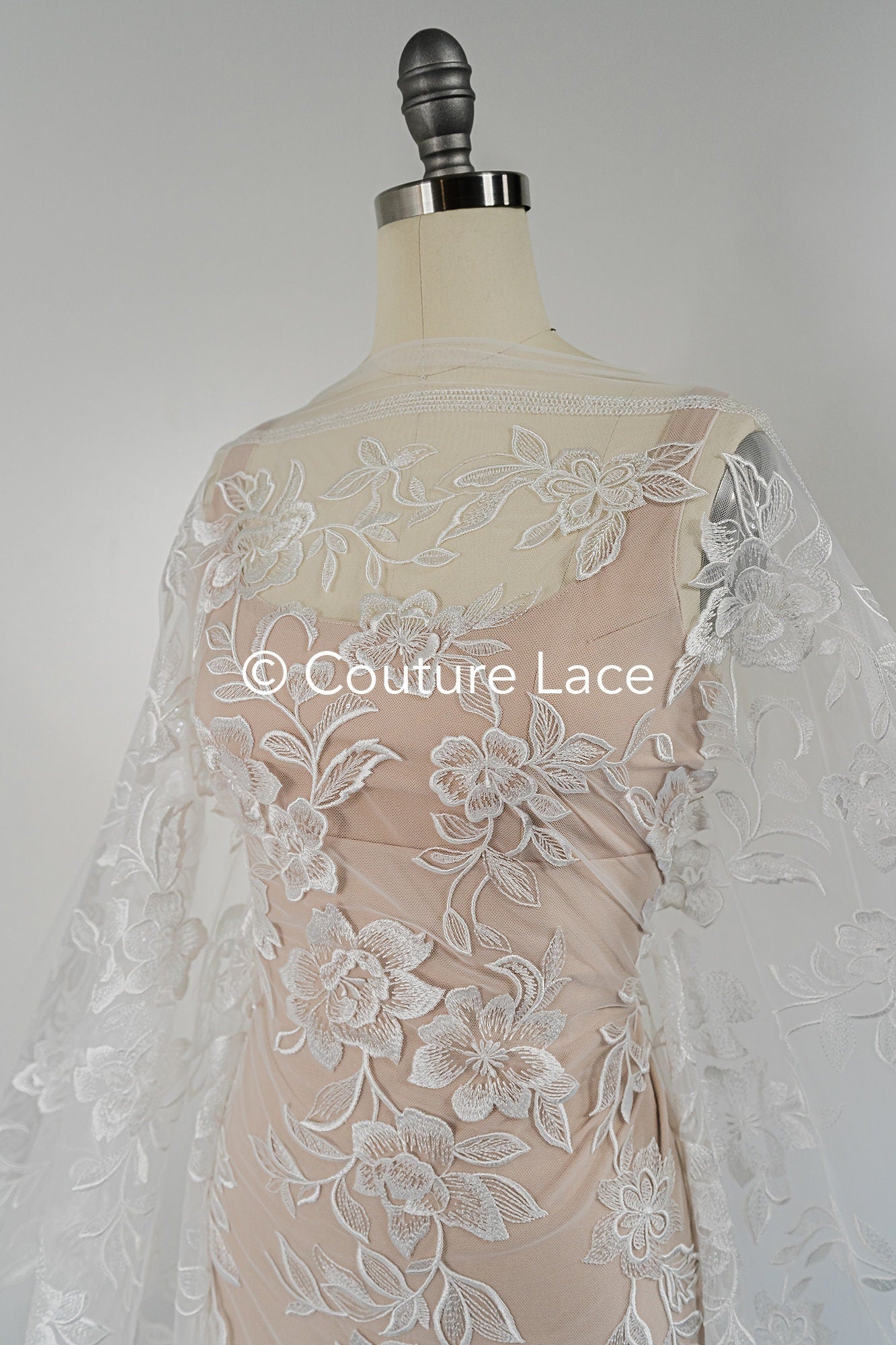 Floral bridal lace/ bridal lace fabric off-white/ bridal lace with sequins/ floral wedding lace/ couture lace// L23-661