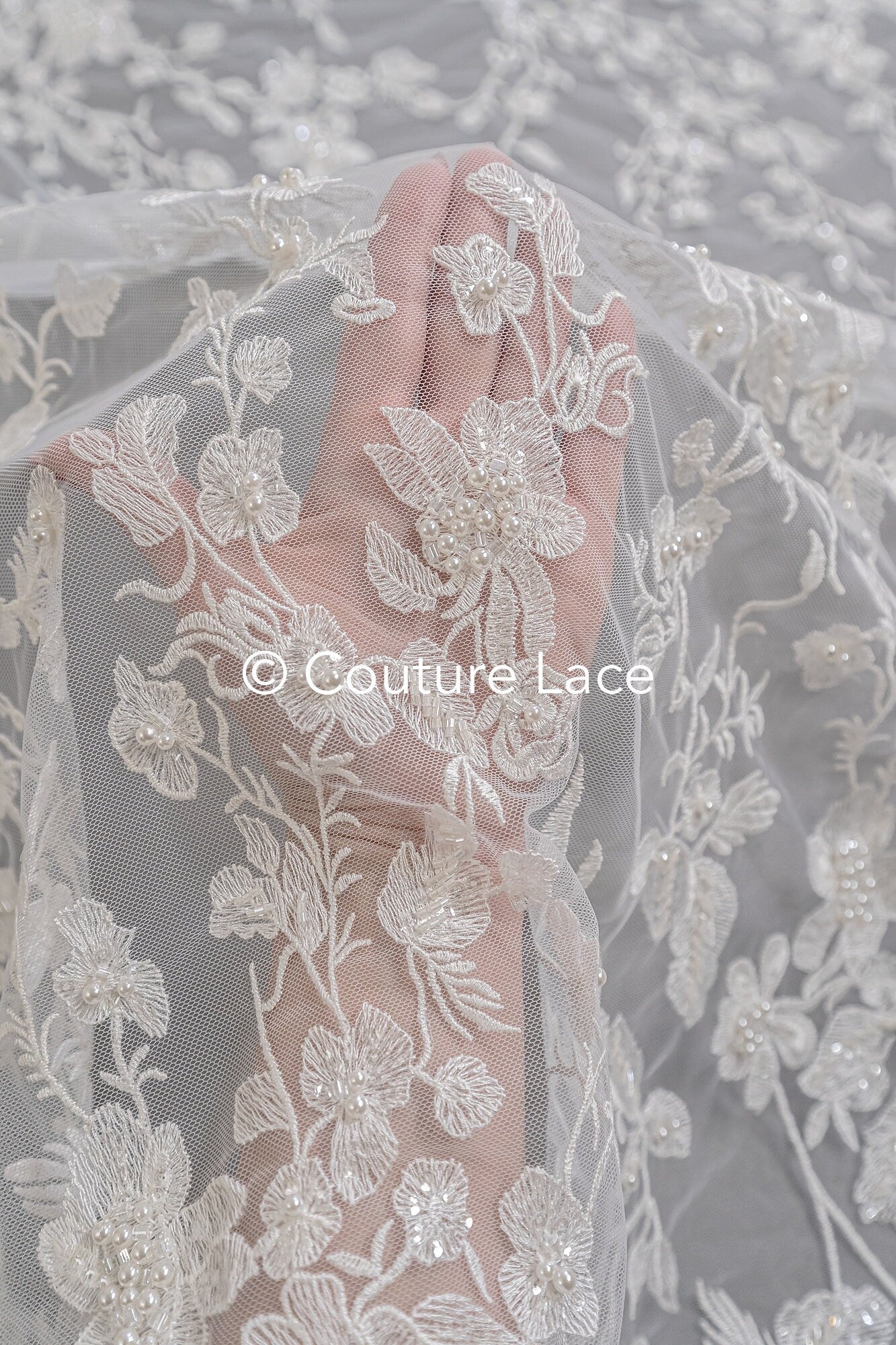 Beaded lace fabric/ Couture lace fabric with pearls, beads and pearl rows/ Bridal lace/ Beaded lace fabric// L23-637