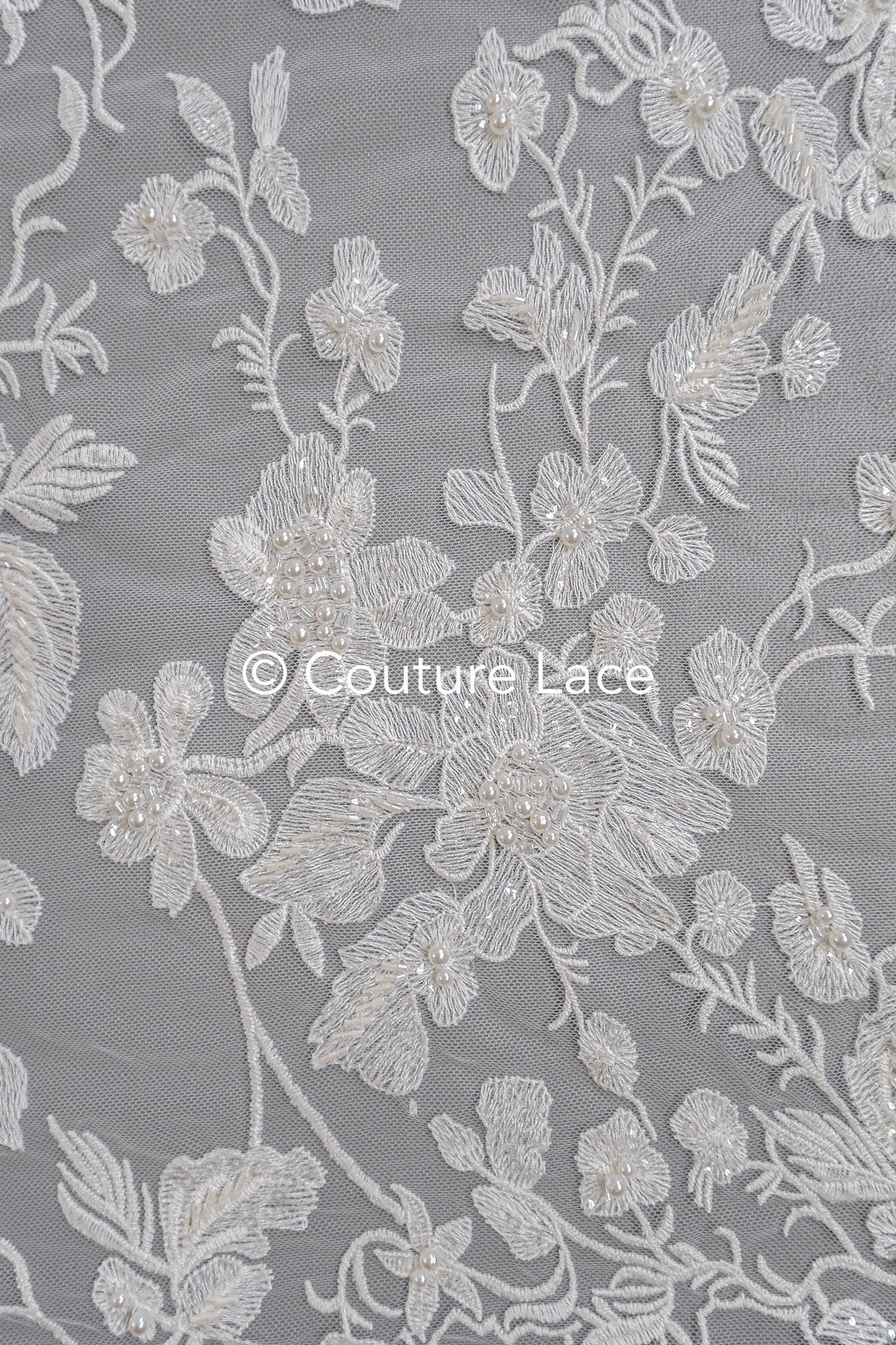 Beaded lace fabric/ Couture lace fabric with pearls, beads and pearl rows/ Bridal lace/ Beaded lace fabric// L23-637