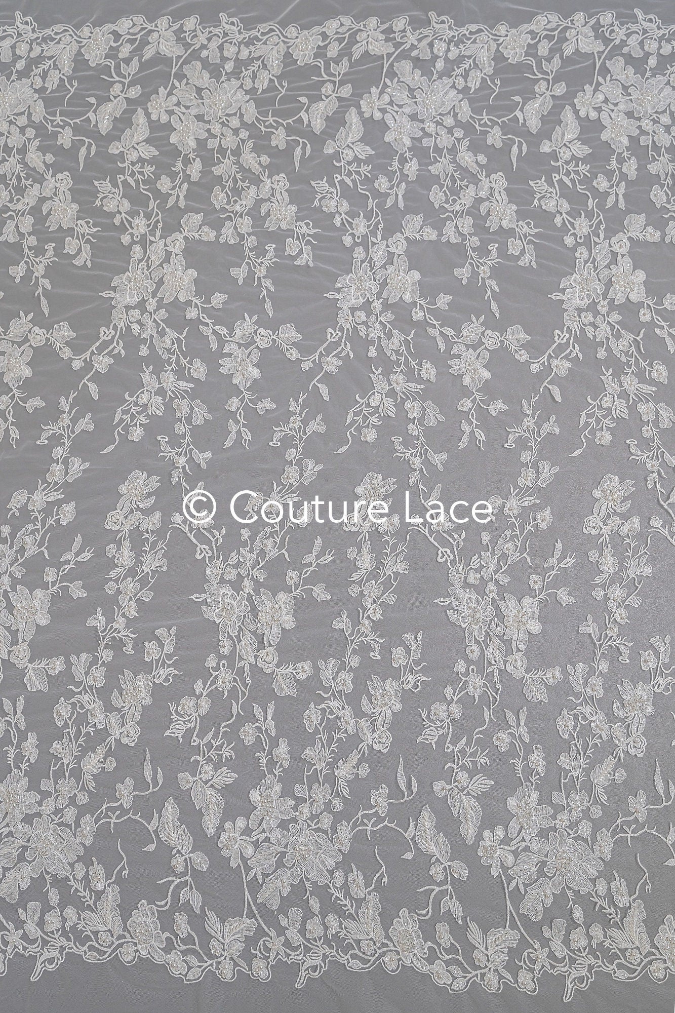 Beaded lace fabric/ Couture lace fabric with pearls, beads and pearl rows/ Bridal lace/ Beaded lace fabric// L23-637