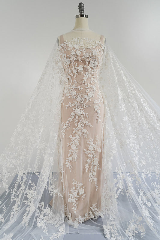 3D Blumen Spitzenstoff/ Braut Spitzenstoff/ romantischer Blumen Spitzenstoff mit 3D Blumen/ Hochzeit Spitzenstoff// L23-654