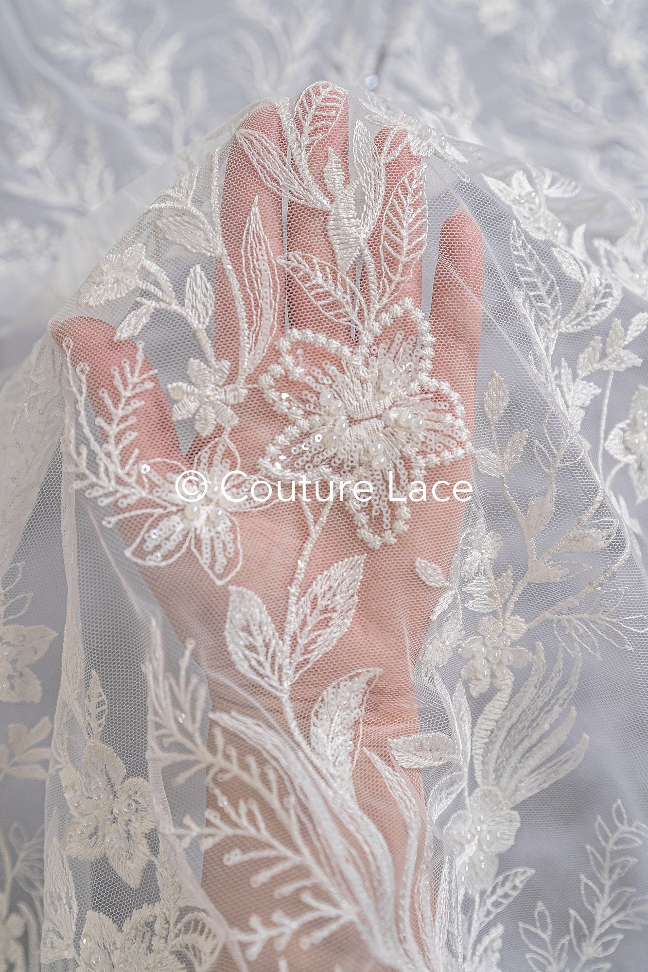 Perlen Spitzenstoff/ Couture Spitzenstoff mit Perlen/ Braut Spitzenstoff/ Perlen Spitze// L23-652