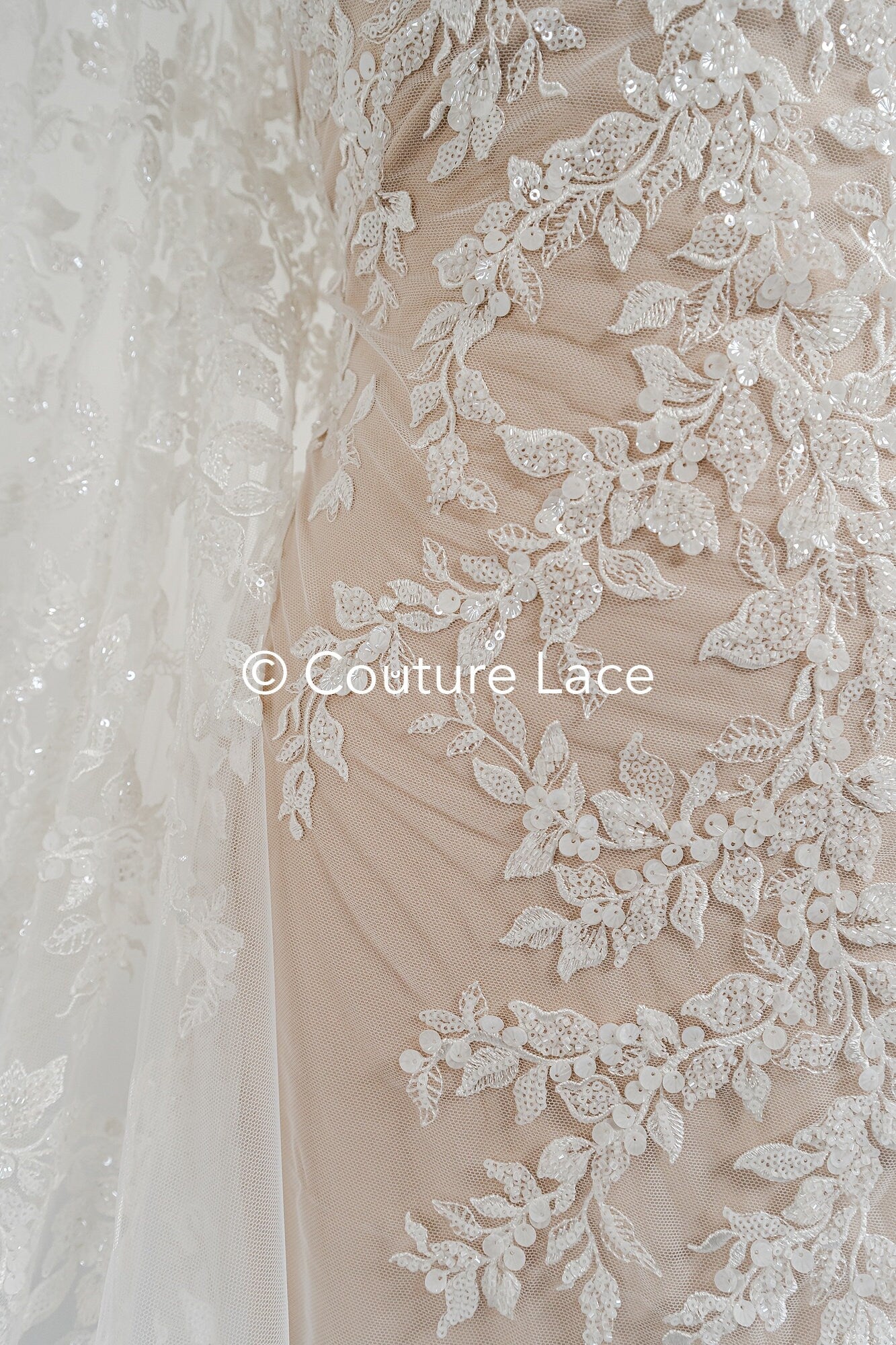 Blumen Perlen Spitzenstoff Off-White/ Couture Spitze Stoff/ Brautspitzenstoff mit Perlen & Pailletten/ Perlen Spitze// L23-656