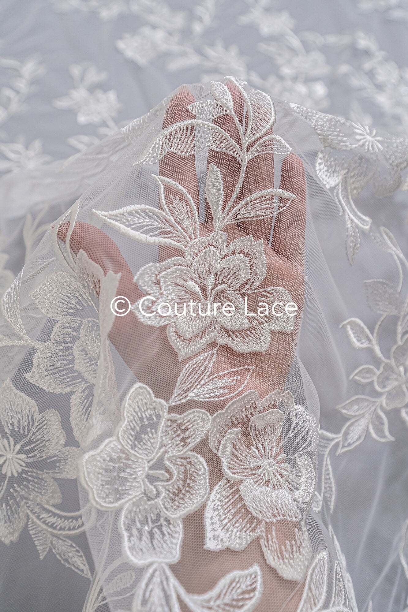 Floral bridal lace/ bridal lace fabric off-white/ bridal lace with sequins/ floral wedding lace/ couture lace// L23-661