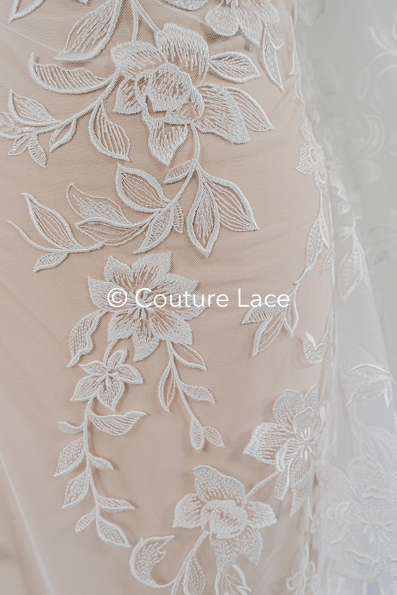 Floral bridal lace/ bridal lace fabric off-white/ bridal lace with sequins/ floral wedding lace/ couture lace// L23-661