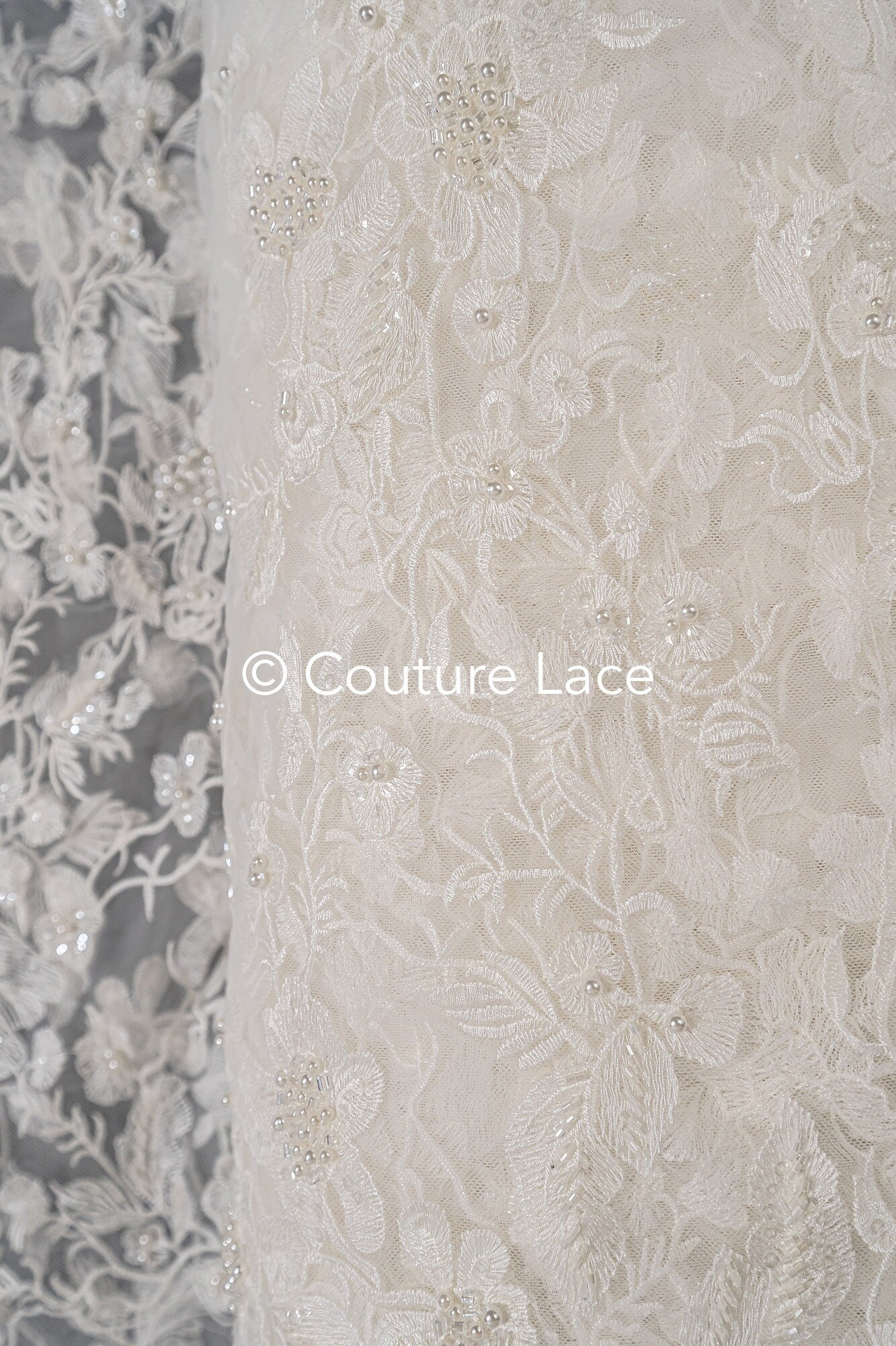 Beaded lace fabric/ Couture lace fabric with pearls, beads and pearl rows/ Bridal lace/ Beaded lace fabric// L23-637