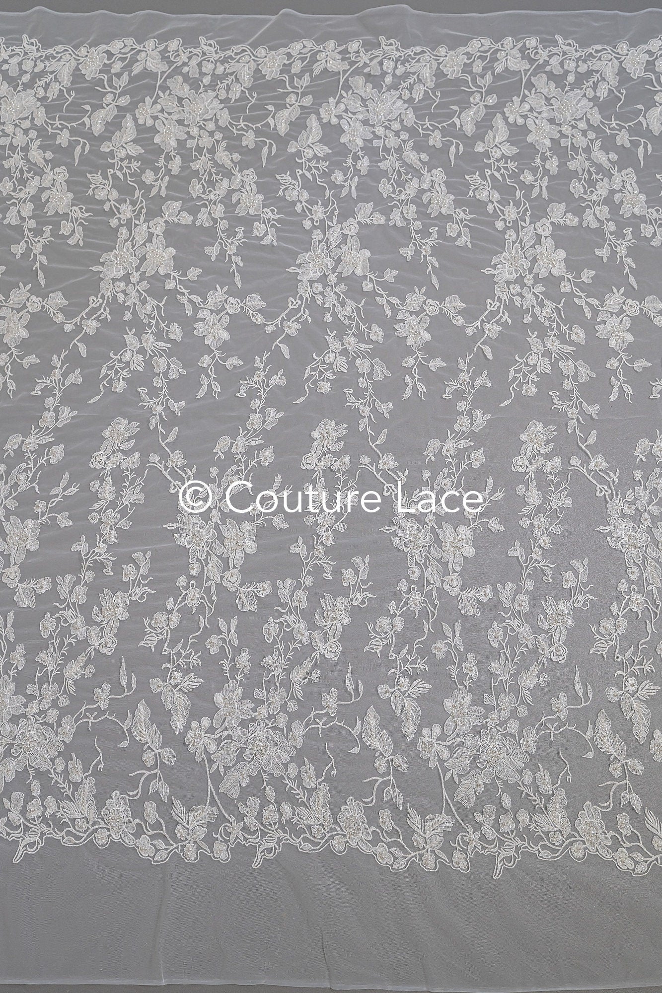 Beaded lace fabric/ Couture lace fabric with pearls, beads and pearl rows/ Bridal lace/ Beaded lace fabric// L23-637