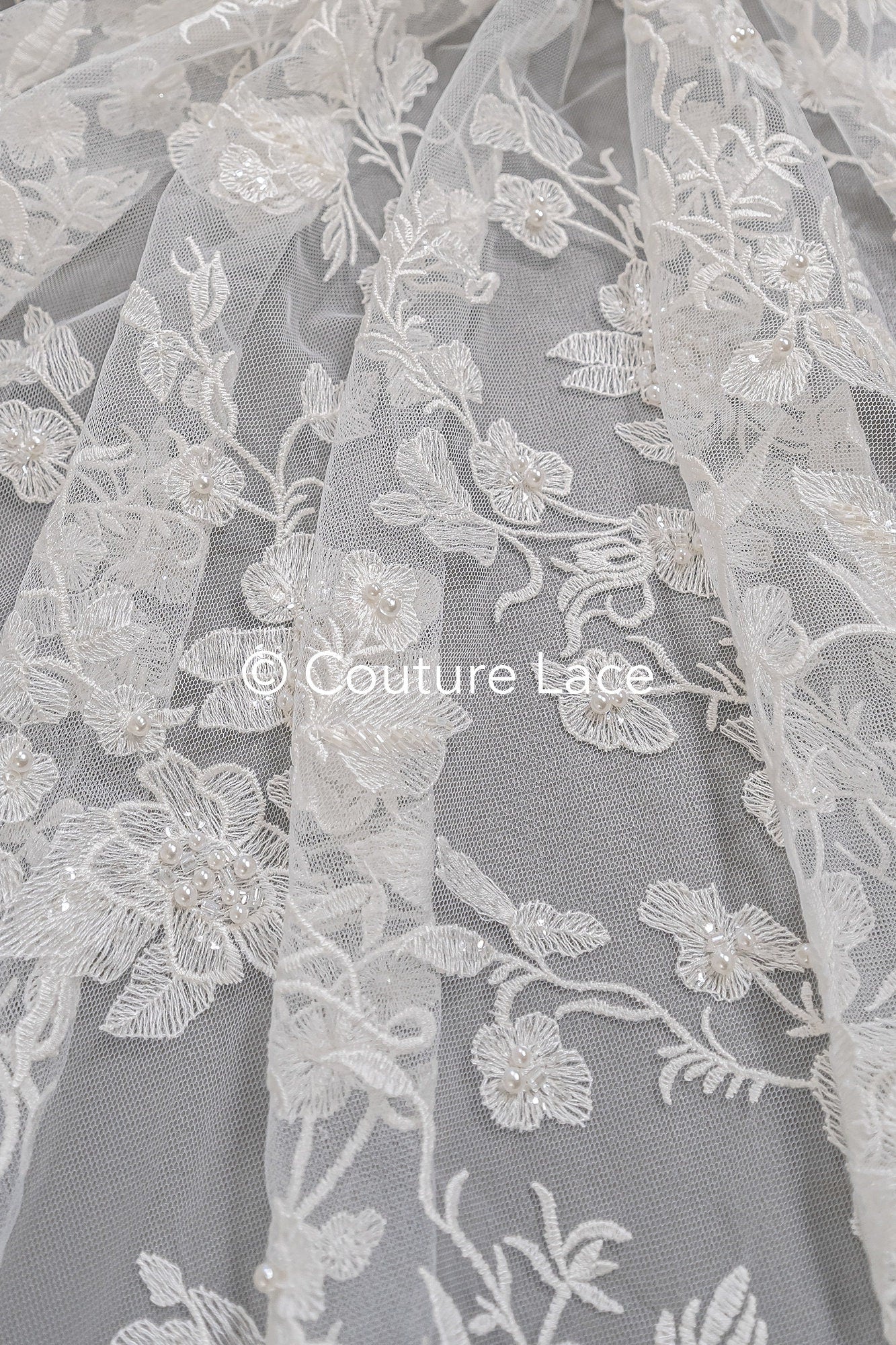 Beaded lace fabric/ Couture lace fabric with pearls, beads and pearl rows/ Bridal lace/ Beaded lace fabric// L23-637