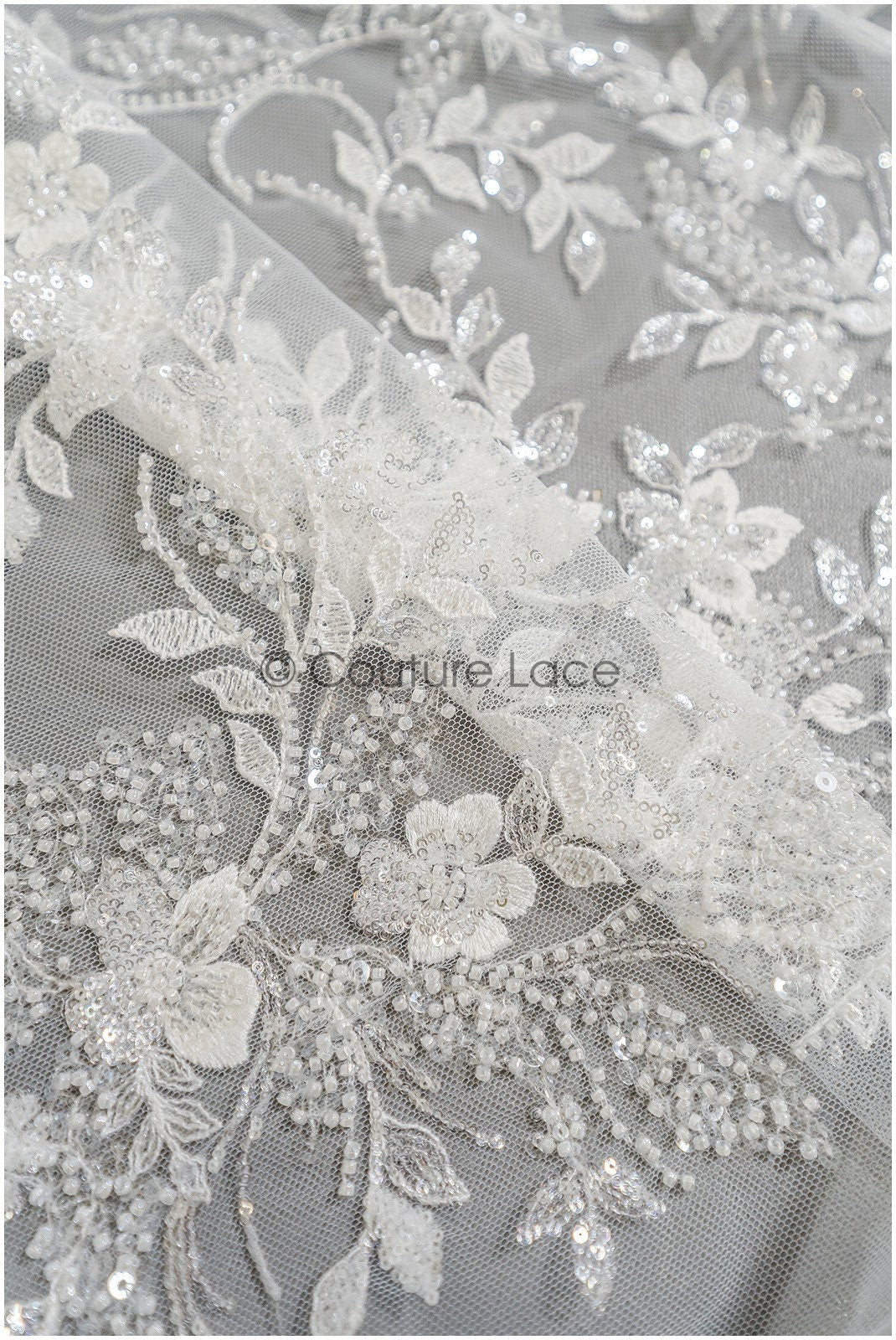 Pearl lace fabric off-white/ bridal lace fabric with pearls// L23-251B