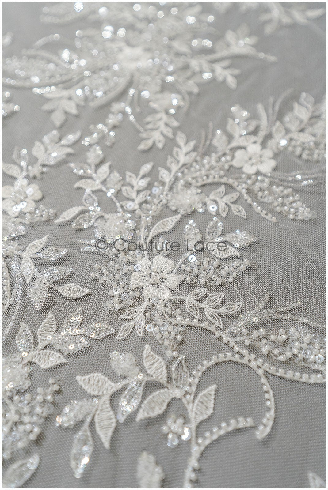 Pearl lace fabric off-white/ bridal lace fabric with pearls// L23-251B