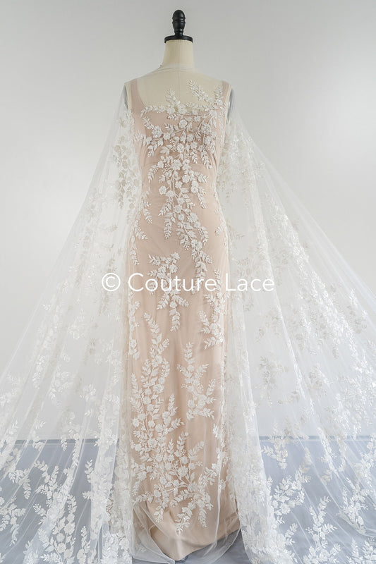 Blumen Perlen Spitze Stoff Off-White/ Couture Spitzenstoff/ Brautspitze/ Perlenspitze// L23-665