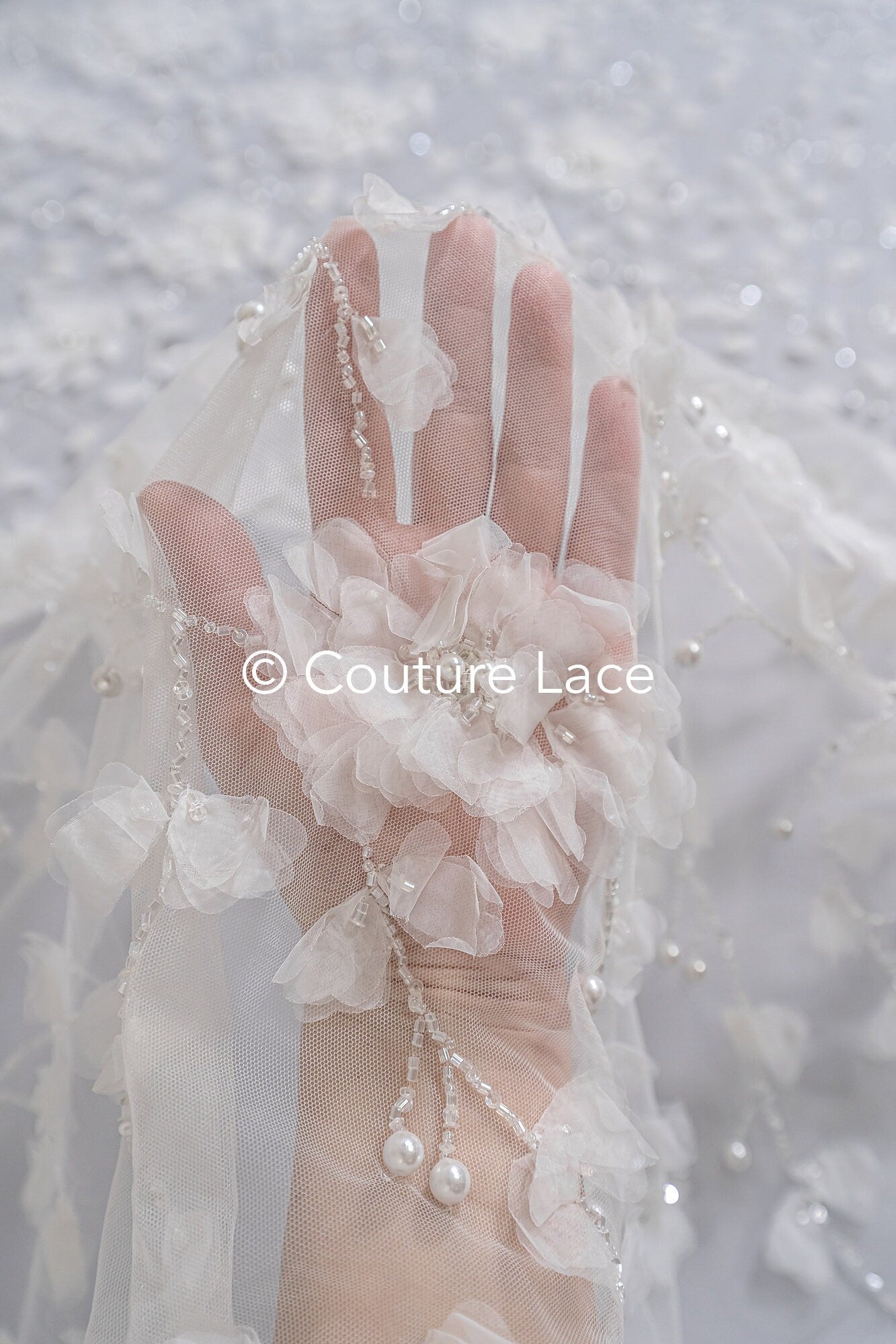3D Blumen Spitzenstoff Off-White/ Braut Spitzenstoff/ romantischer Spitzenstoff mit 3D Blumen/ Hochzeit Spitzenstoff// L23-670