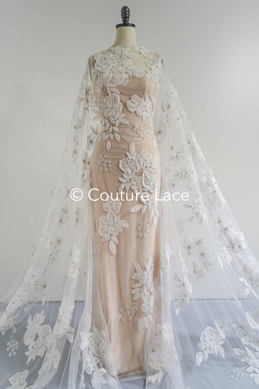 3D Spitzenstoff Off-White/ 3D Blumen Spitzenstoff/ Braut Spitzenstoff/ romantische Spitze mit Blumen// L23-667