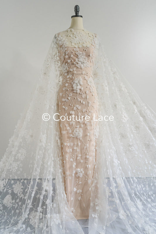 3D Blumen Spitzenstoff Off-White/ Braut Spitzenstoff/ romantischer Spitzenstoff mit 3D Blumen/ Hochzeit Spitzenstoff// L23-670