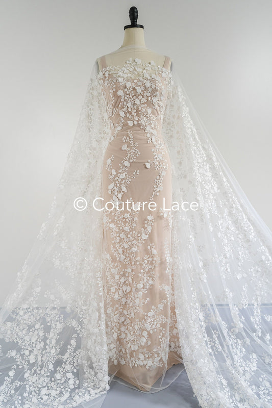 3D Blumen Spitzenstoff Off-White/ Braut Spitzenstoff/ romantischer Spitzenstoff mit 3D Blumen/ Hochzeit Spitzenstoff// L23-664