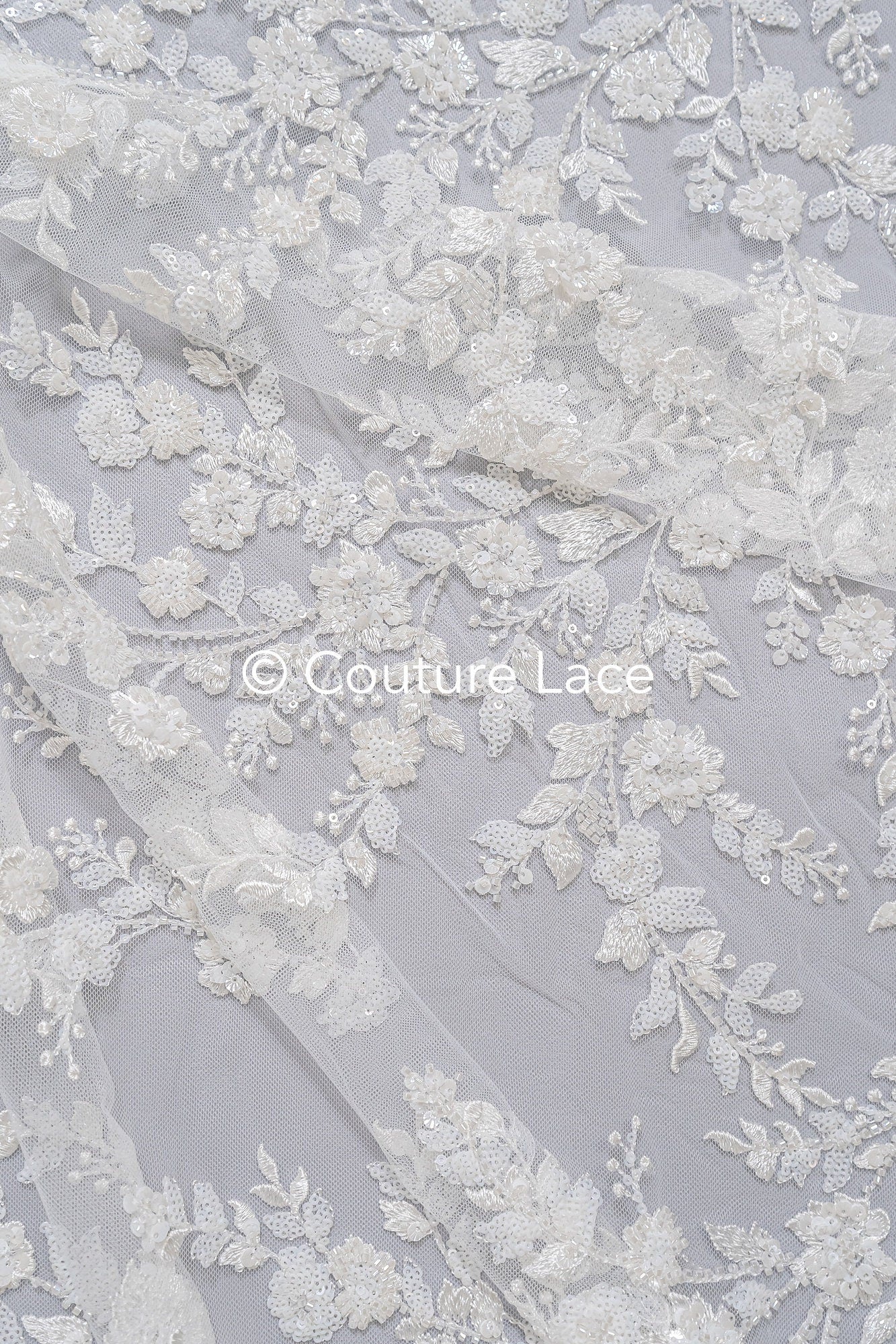 Blumen Perlen Spitze Stoff Off-White/ Couture Spitzenstoff/ Brautspitze/ Perlenspitze// L23-665