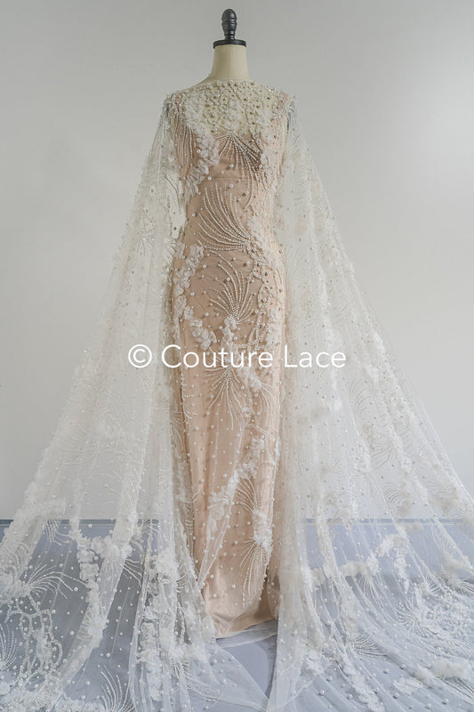 3D Blumen Spitzenstoff Off-White/ Braut Spitzenstoff/ romantische Spitze mit 3D Blumen/ Hochzeit Spitzenstoff// L23-666