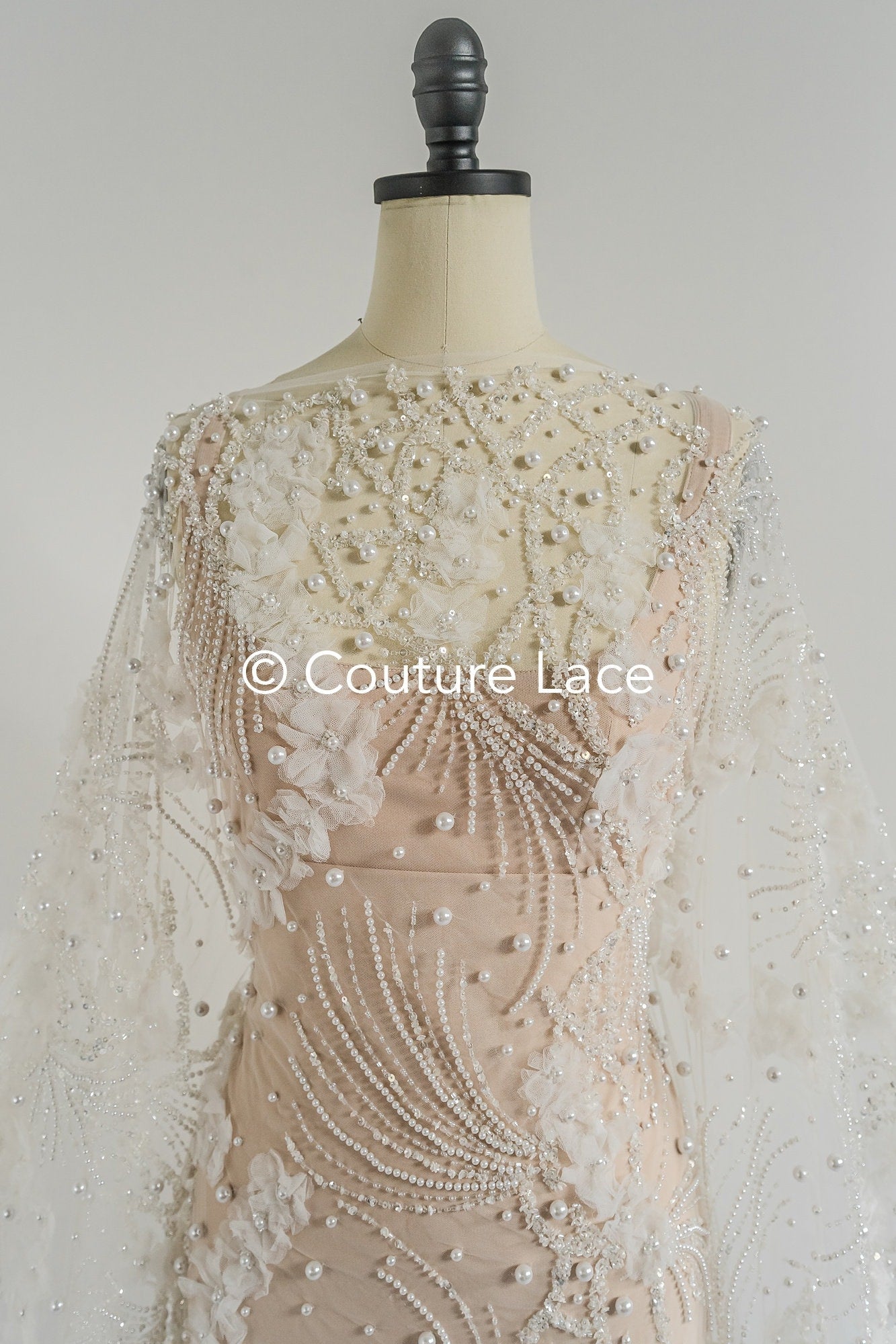 3D Blumen Spitzenstoff Off-White/ Braut Spitzenstoff/ romantische Spitze mit 3D Blumen/ Hochzeit Spitzenstoff// L23-666