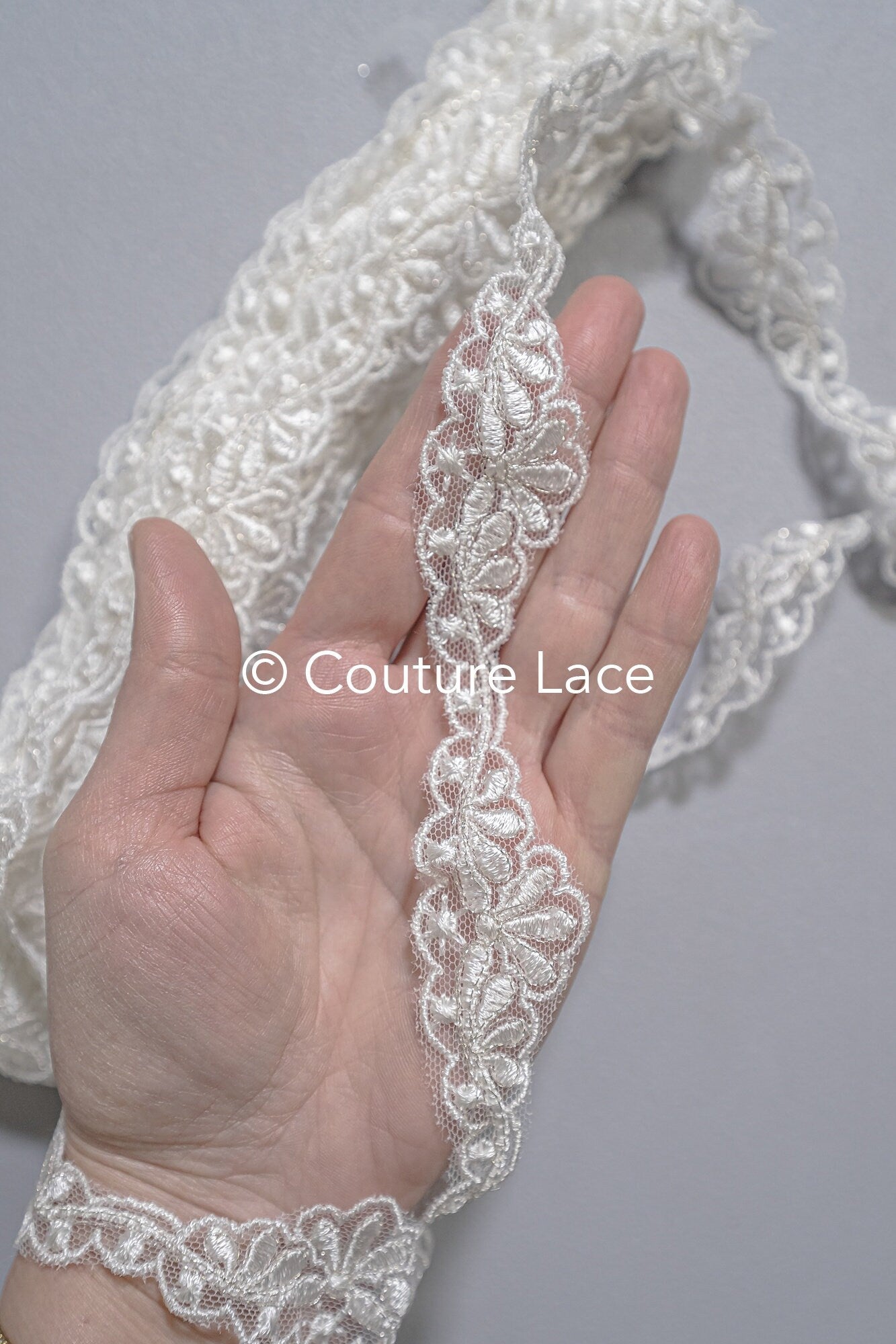 Bridal lace trim with silver thread/ Silver cream lace trim/ Bridal lace trim// T17-029