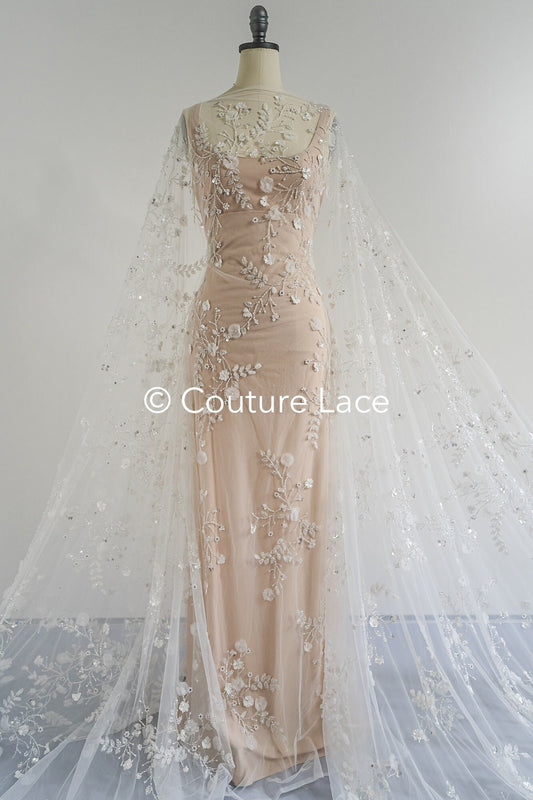 3D Spitzenstoff Off-White/ Spitzenstoff mit 3D Blüten & Perlen/ Spitzenstoff mit floralen Ornamenten/ Brautspitze mit Blumen// L23-668