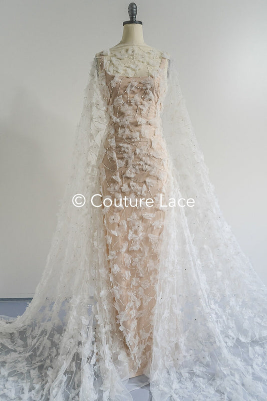 3D Blumen Spitzenstoff Off-White/ Braut Spitzenstoff mit Perlen/ romantischer Spitzenstoff mit 3D Blumen/ Hochzeit Spitzenstoff// L23-669