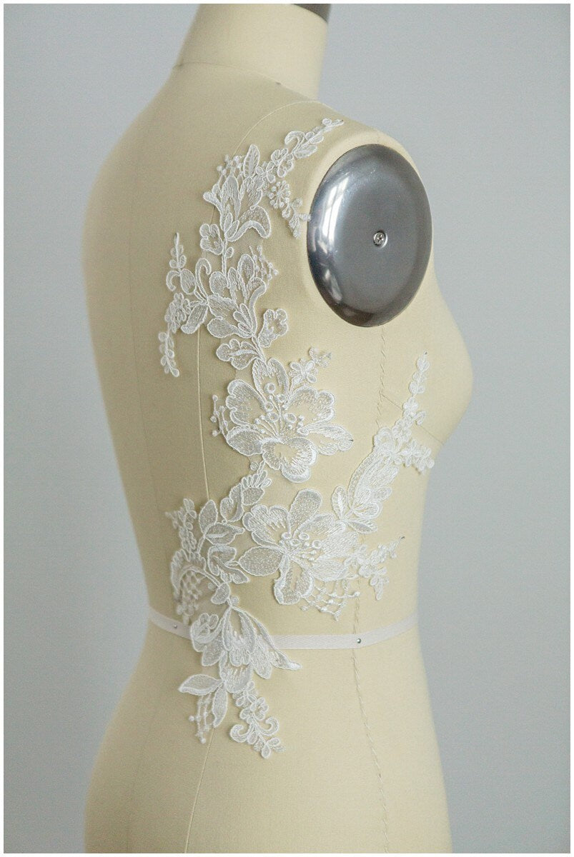 2 PC Spiegel Hochzeitskleid Applikation, Große Spitzen Applikation, Blumen Applikation, große Spitze Blume, Illusion Back Lace, Lace Patch// A17-054