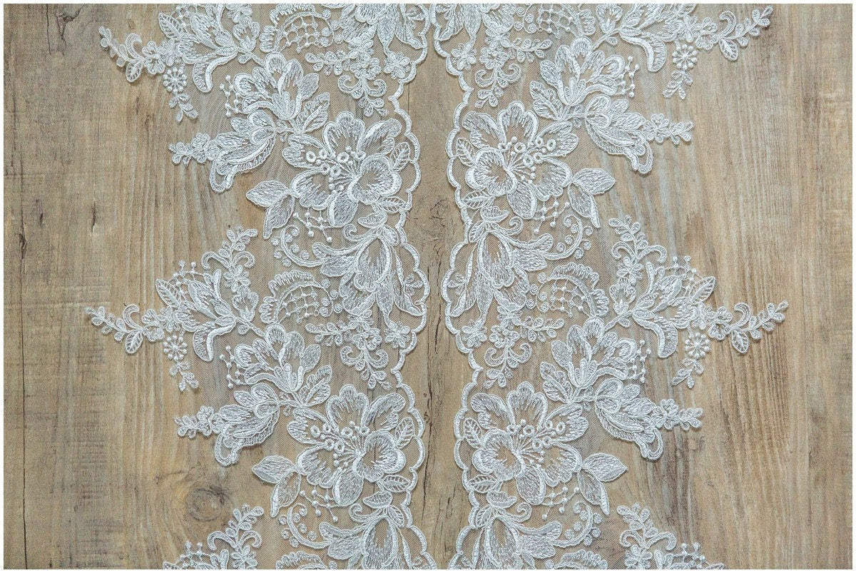 2x large mirrored lace border/ floral off-white lace border/ wedding dress lace// T17-001