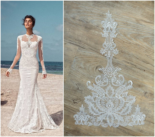 GROßE Perlen-Spitzenapplikation zum Beispiel in Galia Lahav verwendet, Hochzeitskleid Applikation, Ornament Spitze Blume, Braut Applikation// A17-042
