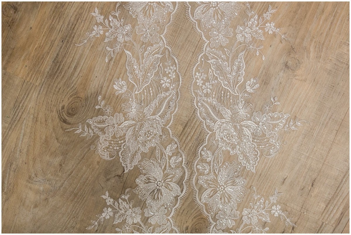 2x LARGE mirrored lace - PAIR = 2 yds/ Floral lace trim off-white/ Bridal dress lace/ Sequin lace trim// T17-003
