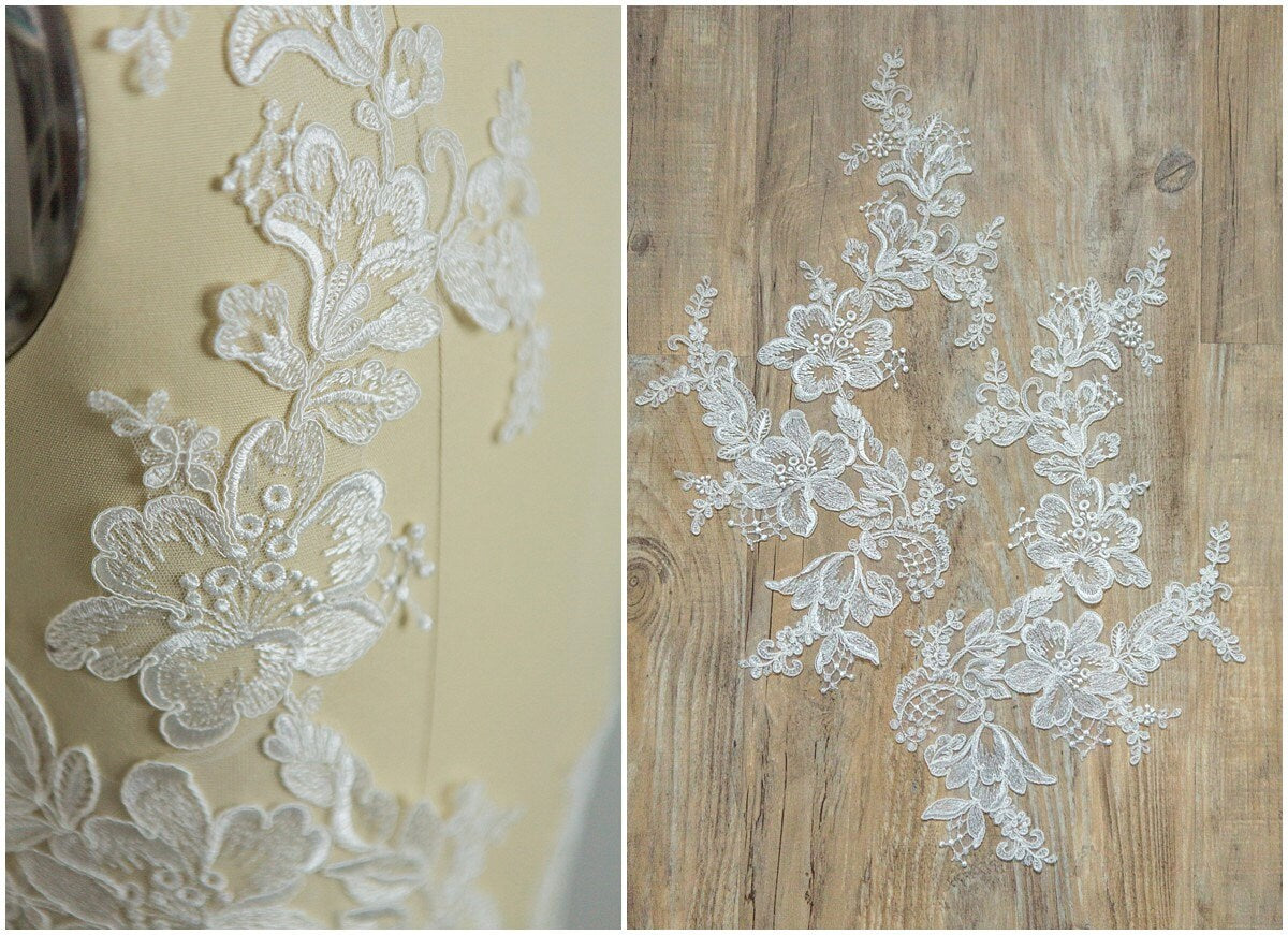 2 PC Spiegel Hochzeitskleid Applikation, Große Spitzen Applikation, Blumen Applikation, große Spitze Blume, Illusion Back Lace, Lace Patch// A17-054