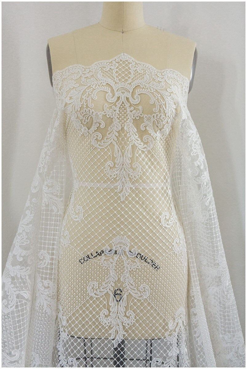 Ornament Netz Spitzenstoff/ Brautkleid Spitze Off-White/ Hochwertiger Spitzenstoff/ Netzstickerei Spitze/ Alencon Spitze// L17-040